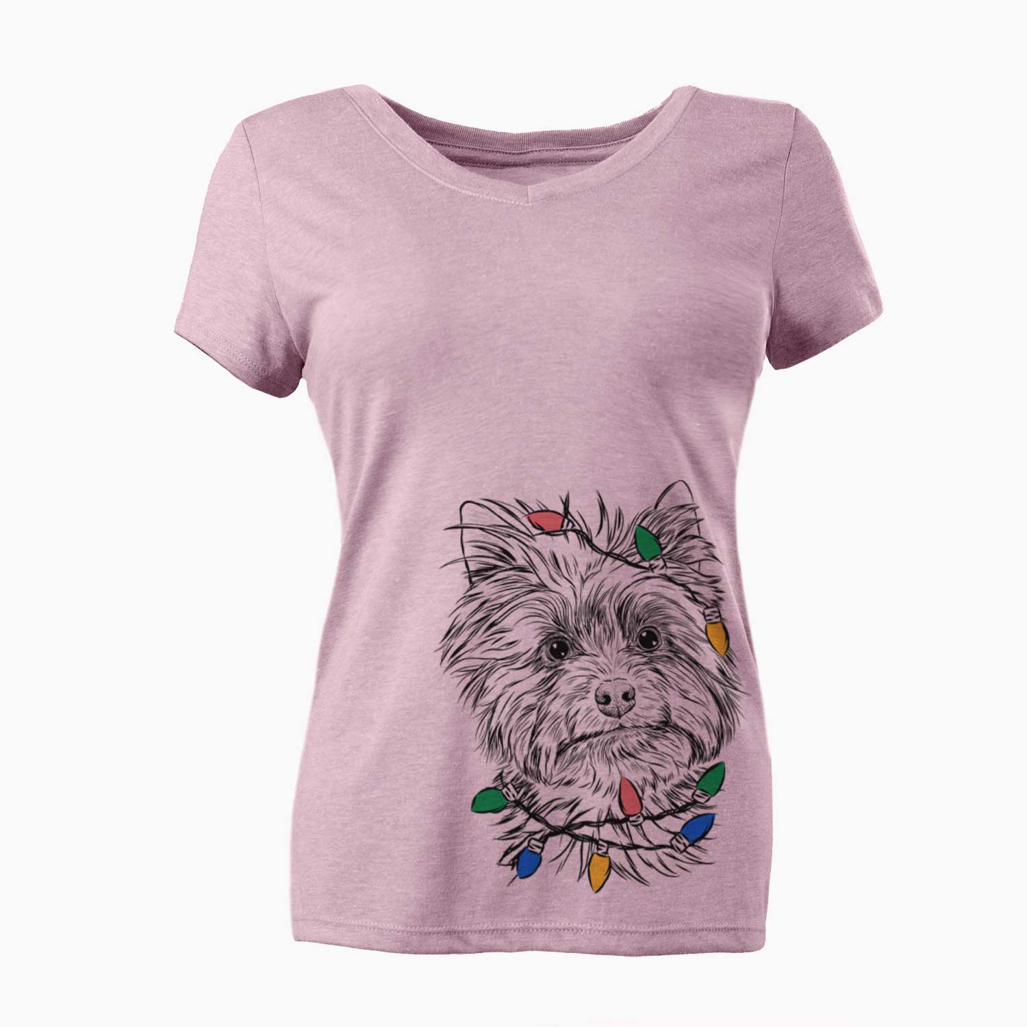 Christmas Lights Dakota the Yorkshire Terrier - Women's V-neck Shirt