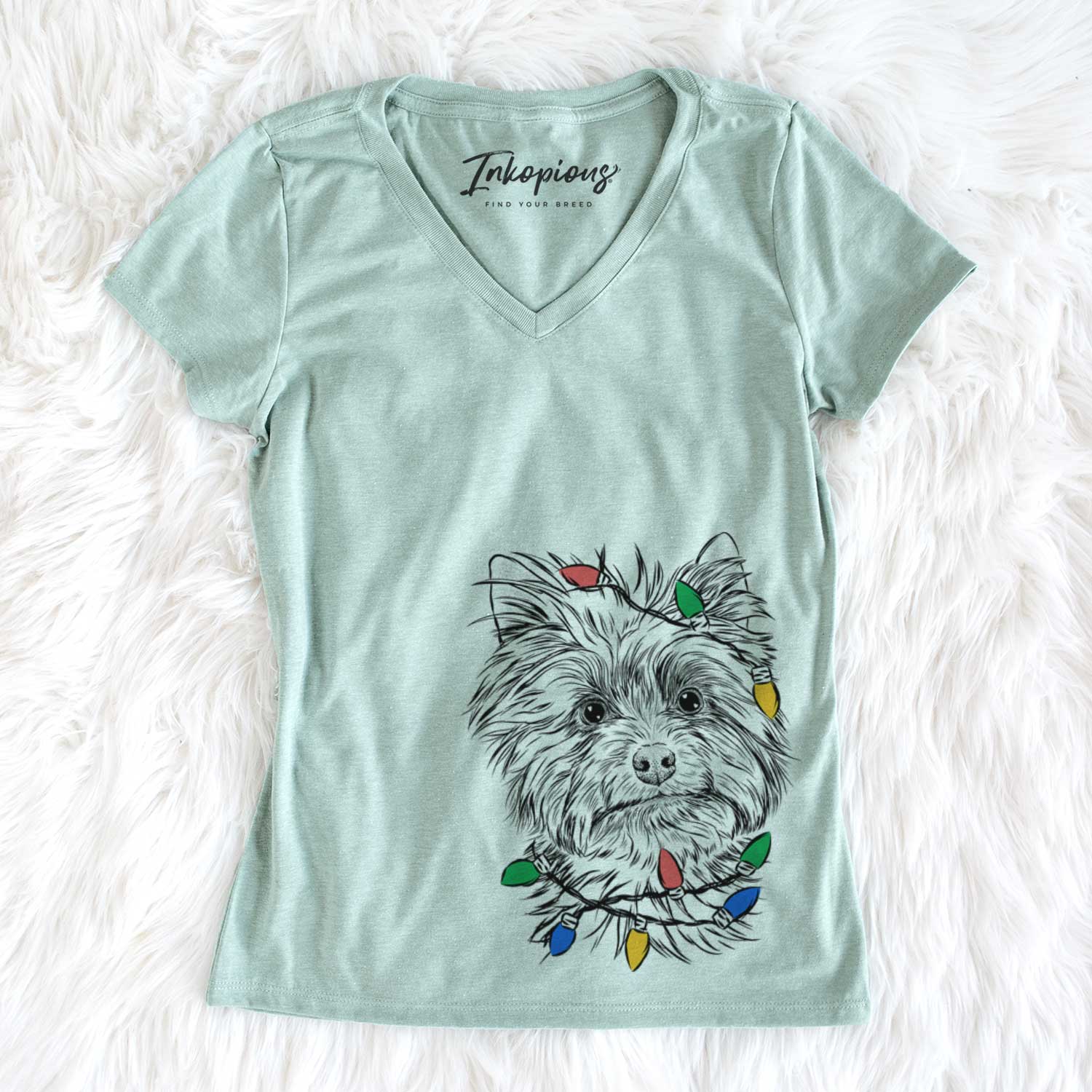 Christmas Lights Dakota the Yorkshire Terrier - Women's V-neck Shirt