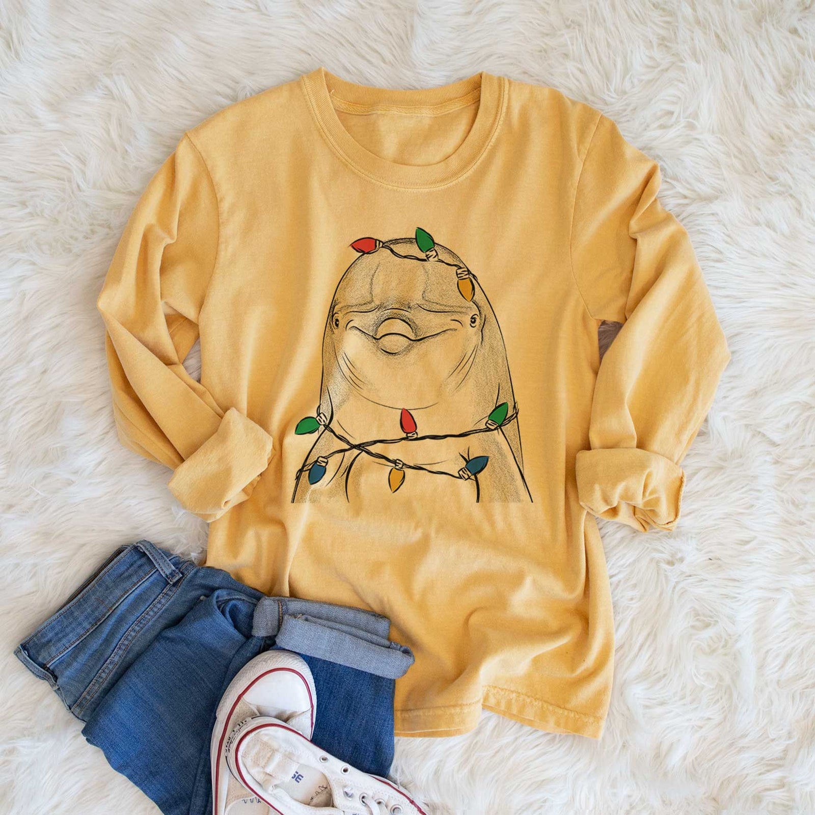 Christmas Lights Dave the Dolphin - Heavyweight 100% Cotton Long Sleeve