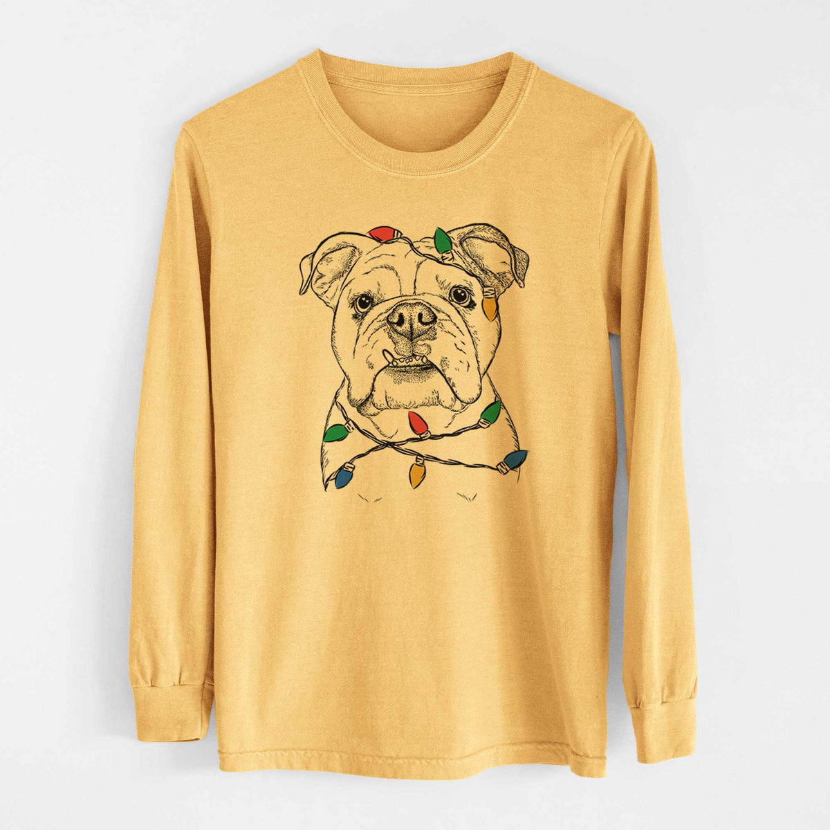 Christmas Lights Dazy the English Bulldog - Heavyweight 100% Cotton Long Sleeve