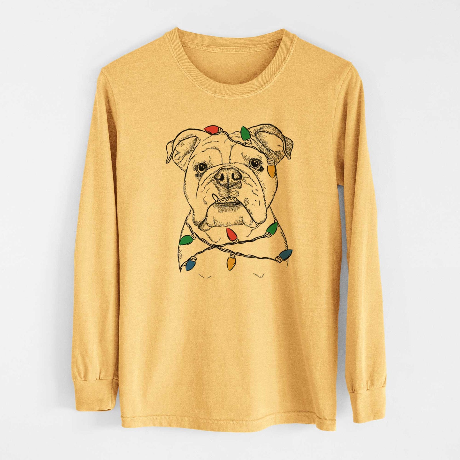 Christmas Lights Dazy the English Bulldog - Heavyweight 100% Cotton Long Sleeve