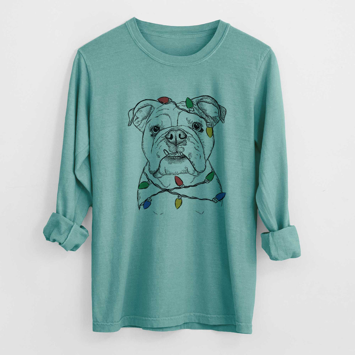 Christmas Lights Dazy the English Bulldog - Heavyweight 100% Cotton Long Sleeve