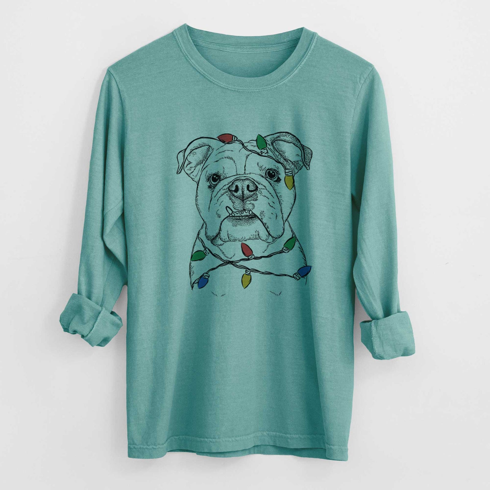 Christmas Lights Dazy the English Bulldog - Heavyweight 100% Cotton Long Sleeve