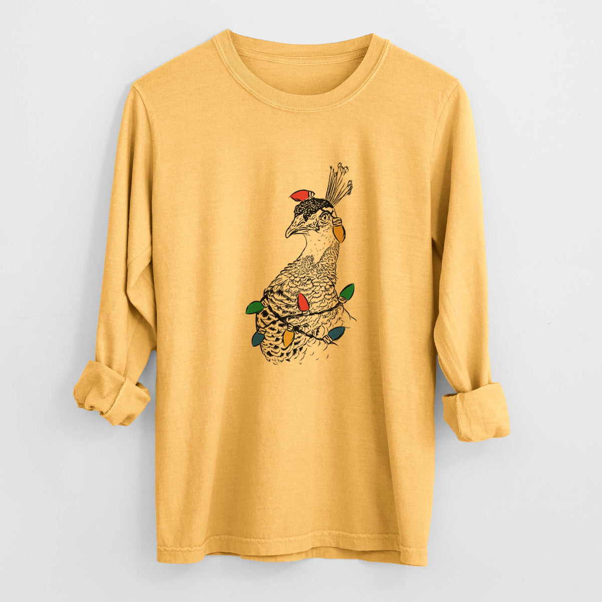 Christmas Lights Dee the Peahen - Heavyweight 100% Cotton Long Sleeve
