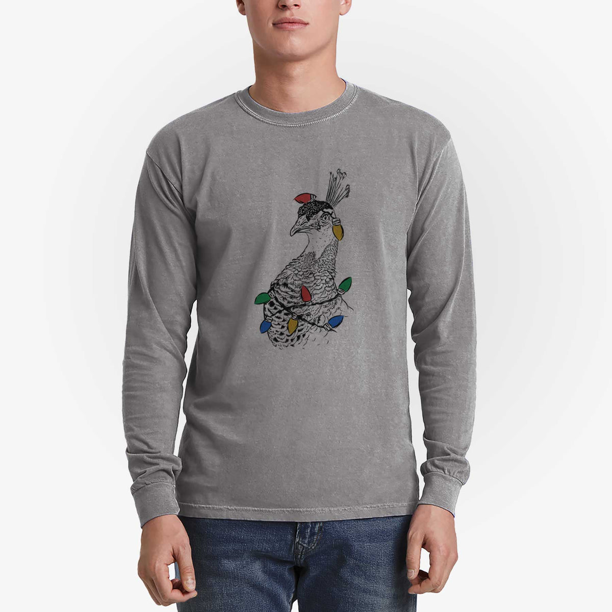 Christmas Lights Dee the Peahen - Heavyweight 100% Cotton Long Sleeve