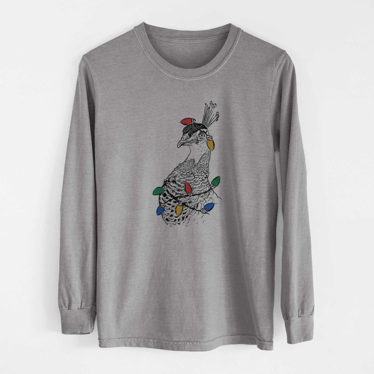 Christmas Lights Dee the Peahen - Heavyweight 100% Cotton Long Sleeve