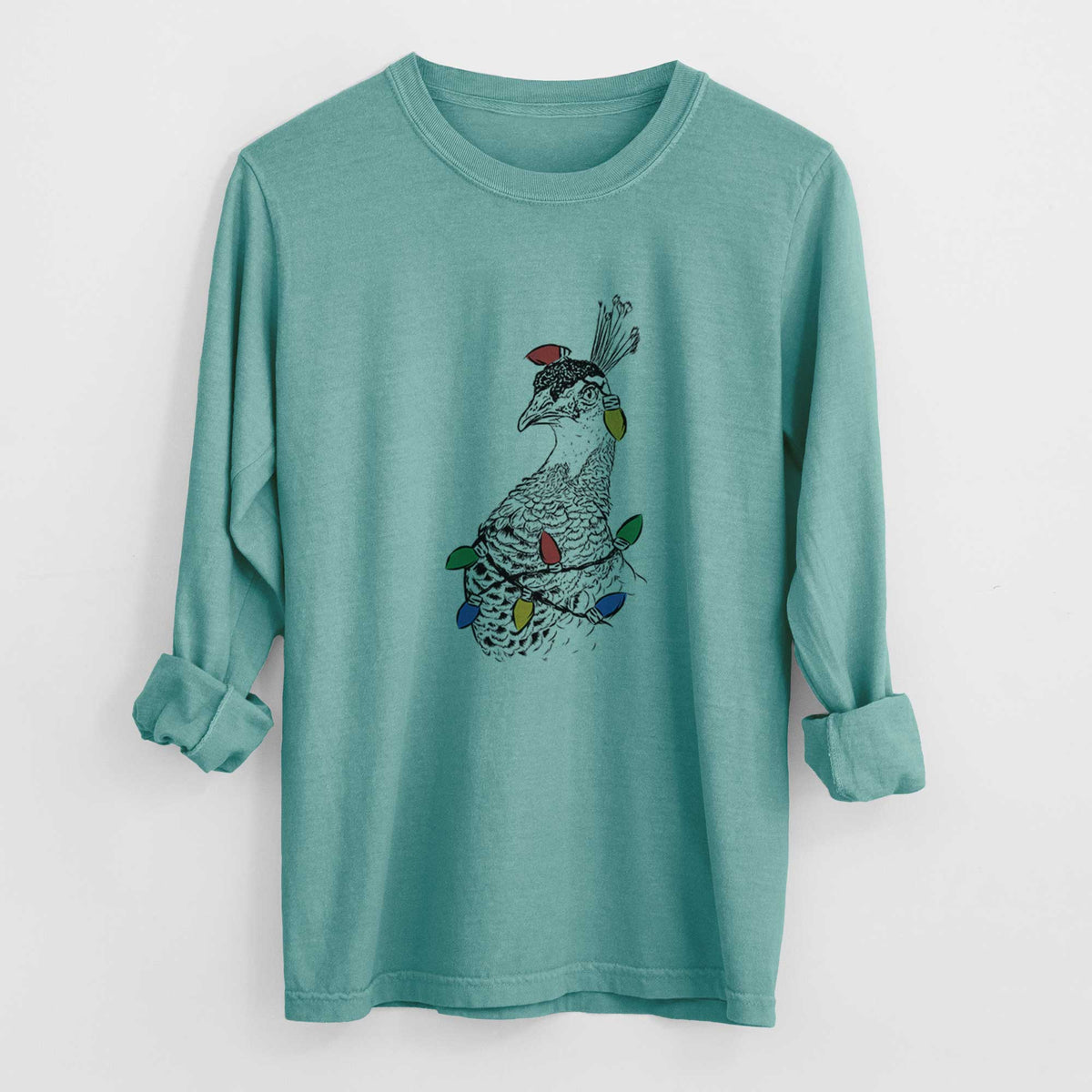 Christmas Lights Dee the Peahen - Heavyweight 100% Cotton Long Sleeve