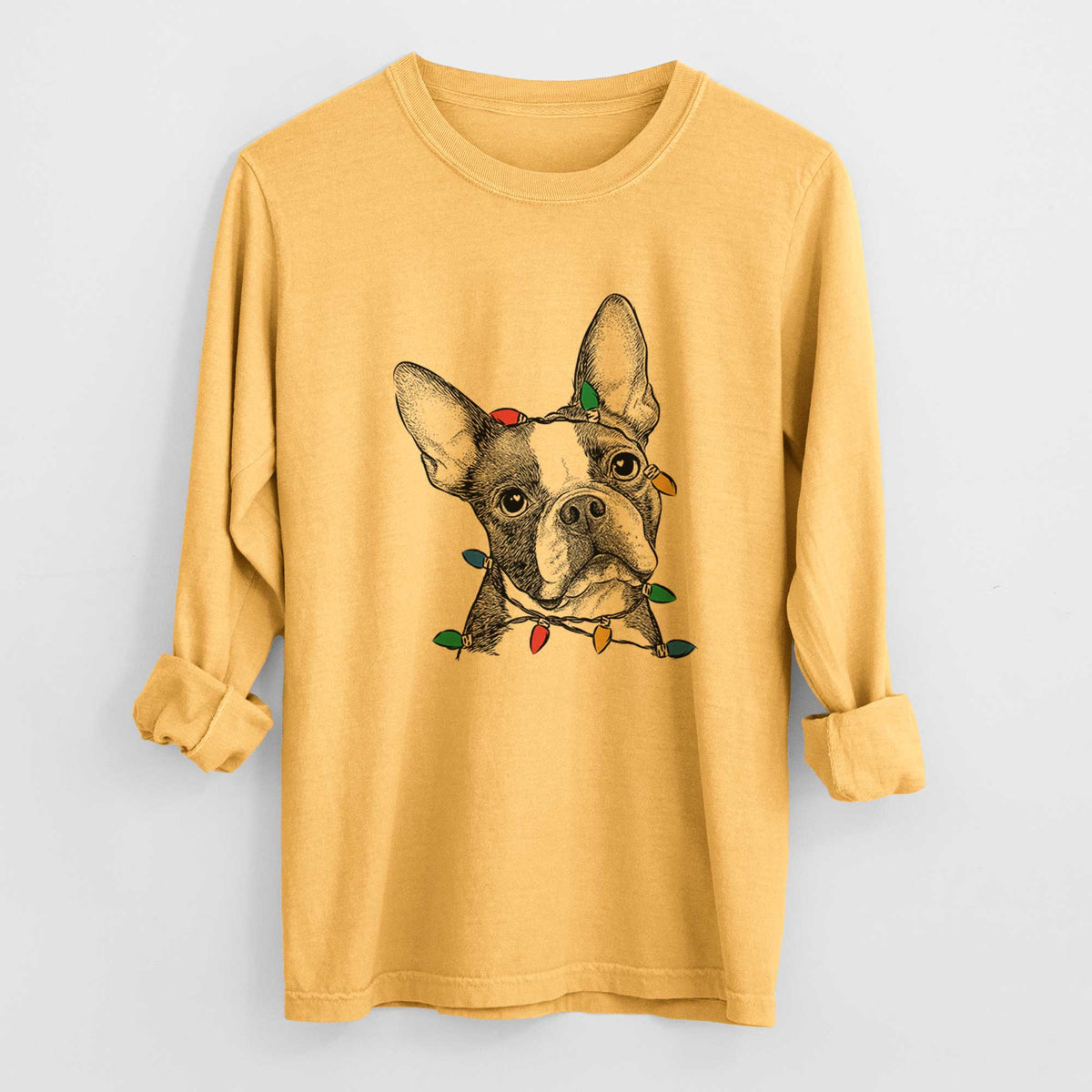 Christmas Lights Dee Dee the Boston Terrier - Heavyweight 100% Cotton Long Sleeve