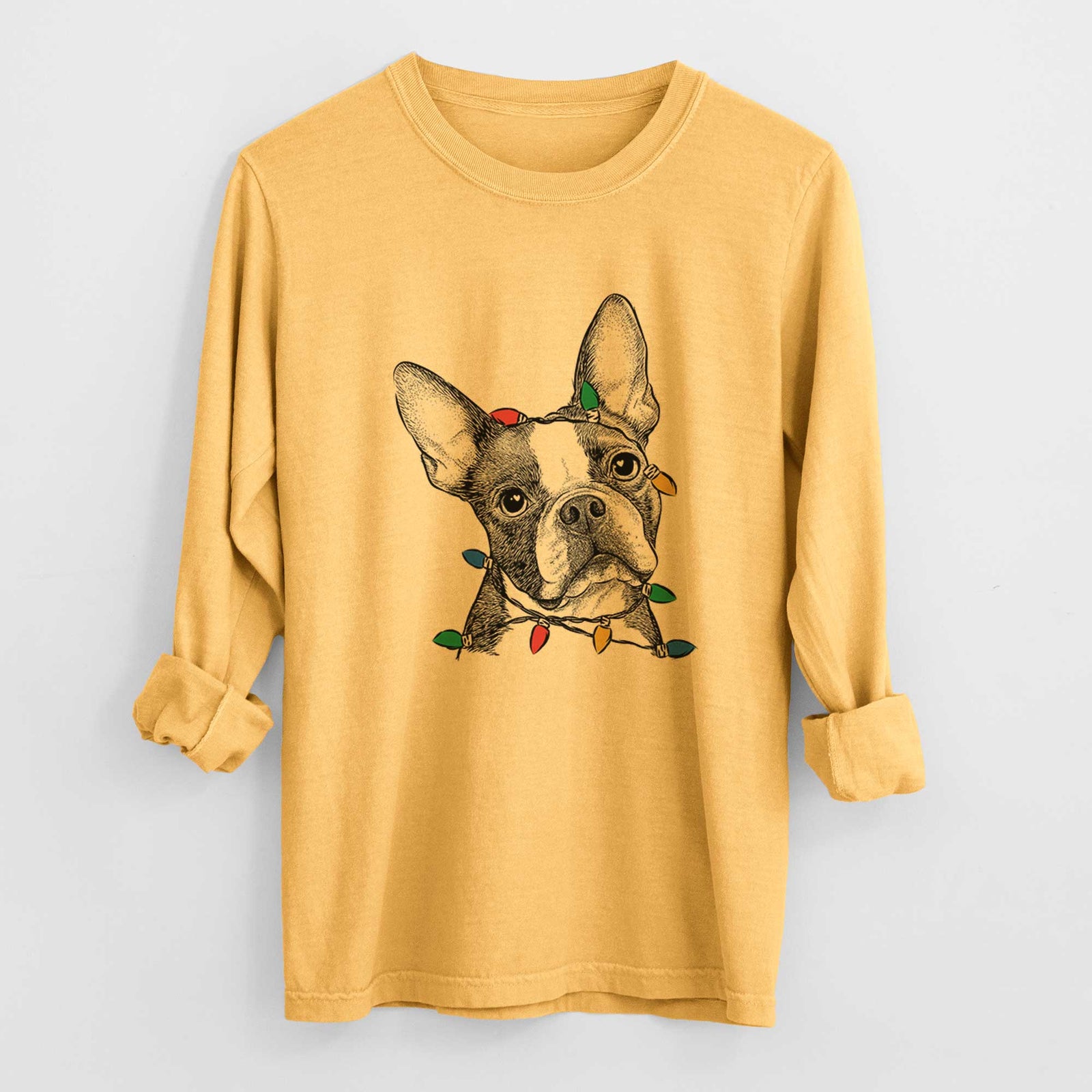 Christmas Lights Dee Dee the Boston Terrier - Heavyweight 100% Cotton Long Sleeve