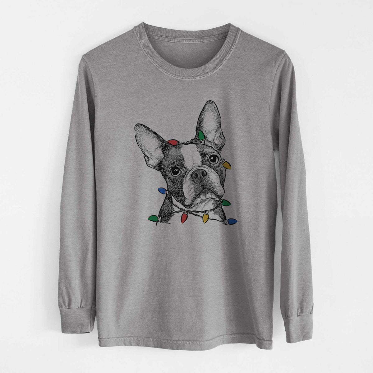 Christmas Lights Dee Dee the Boston Terrier - Heavyweight 100% Cotton Long Sleeve