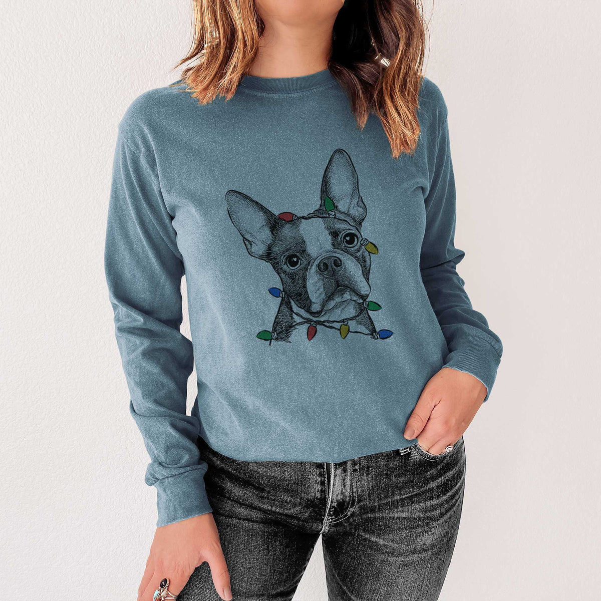 Christmas Lights Dee Dee the Boston Terrier - Heavyweight 100% Cotton Long Sleeve