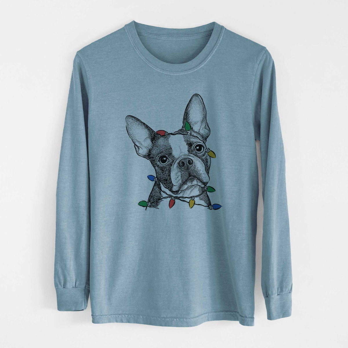 Christmas Lights Dee Dee the Boston Terrier - Heavyweight 100% Cotton Long Sleeve