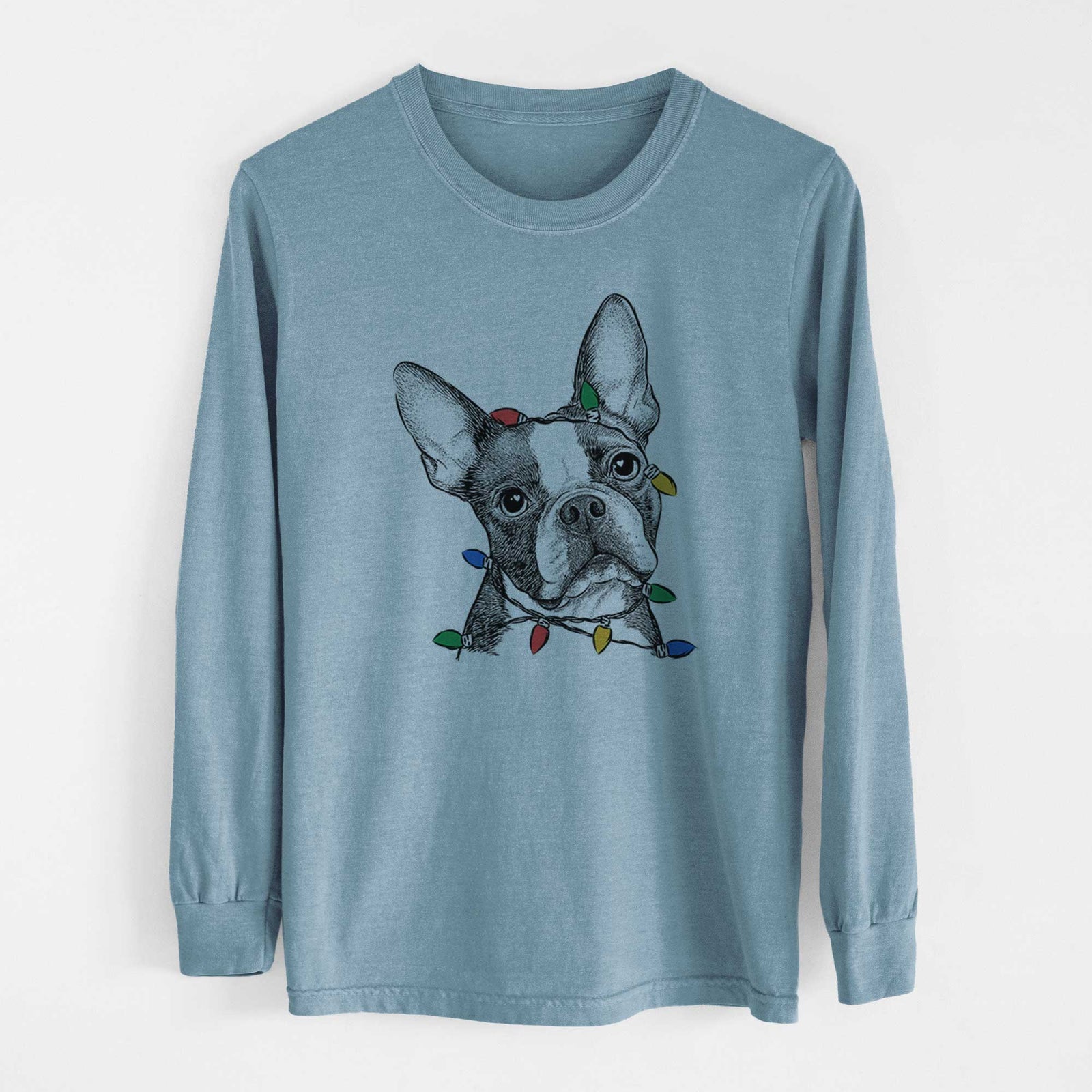 Christmas Lights Dee Dee the Boston Terrier - Heavyweight 100% Cotton Long Sleeve
