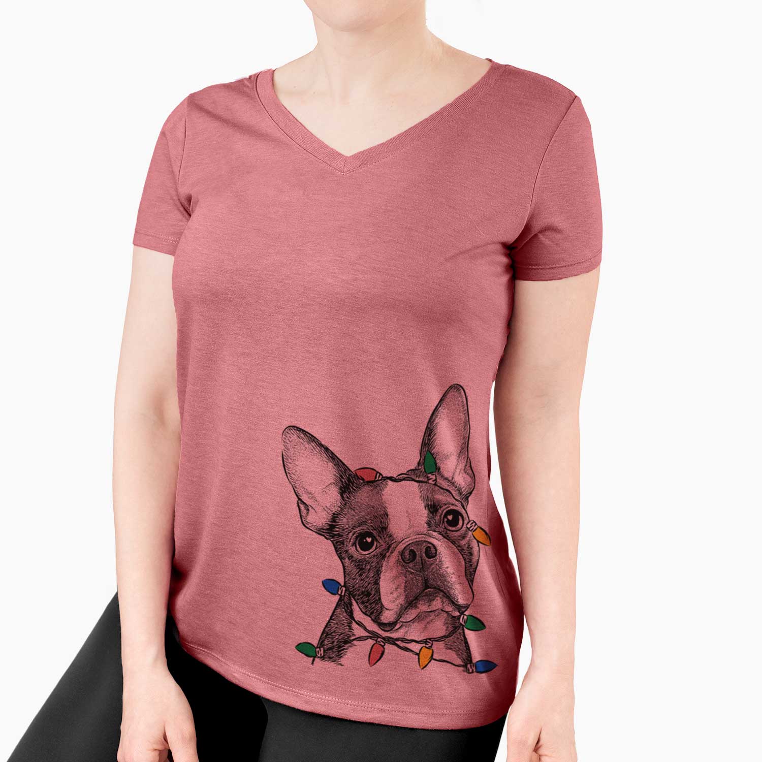 Christmas Lights Dee Dee the Boston Terrier - Women's V-neck Shirt