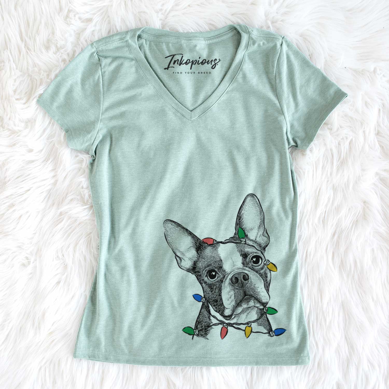 Christmas Lights Dee Dee the Boston Terrier - Women's V-neck Shirt