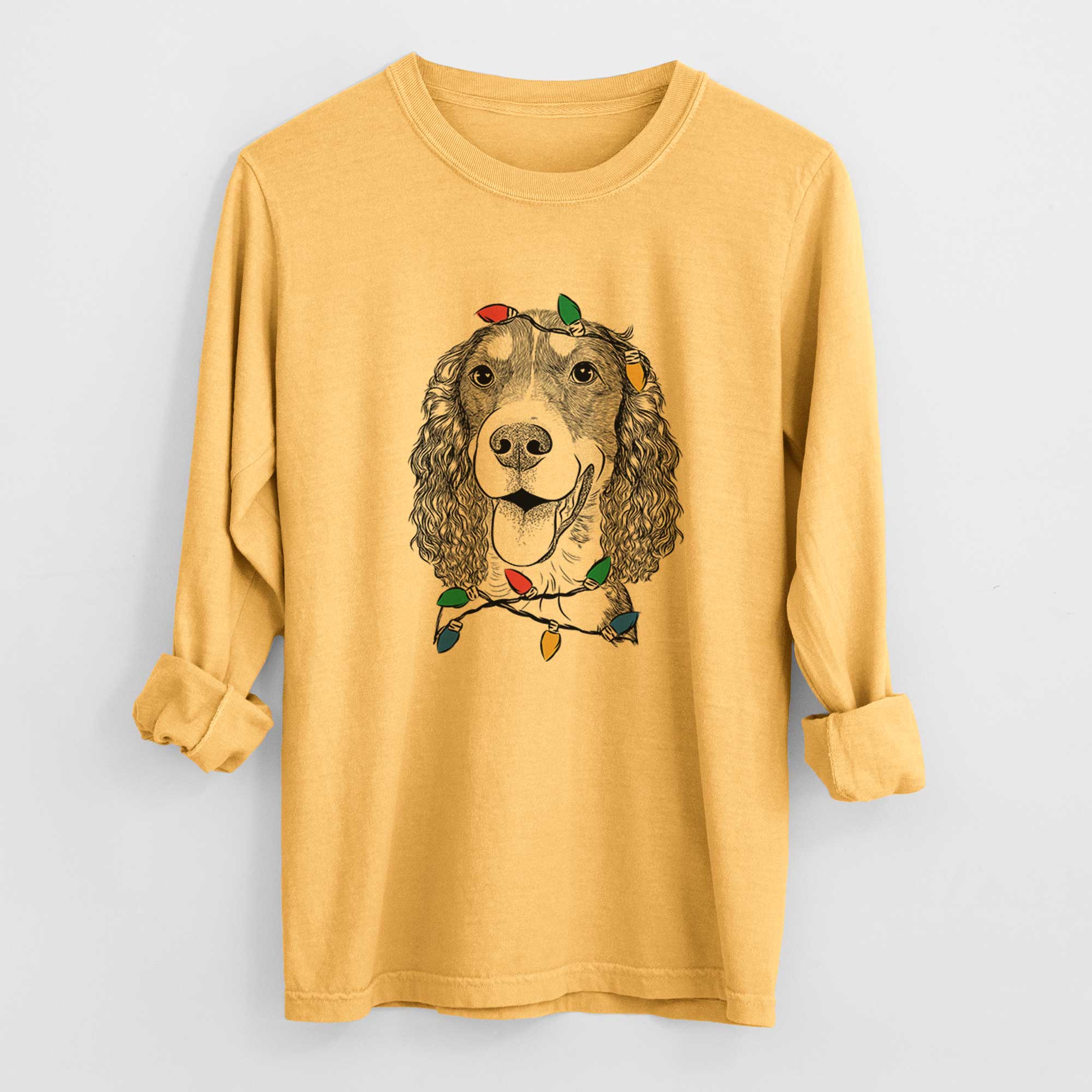 Christmas Lights Delilah the English Springer Spaniel - Heavyweight 100% Cotton Long Sleeve