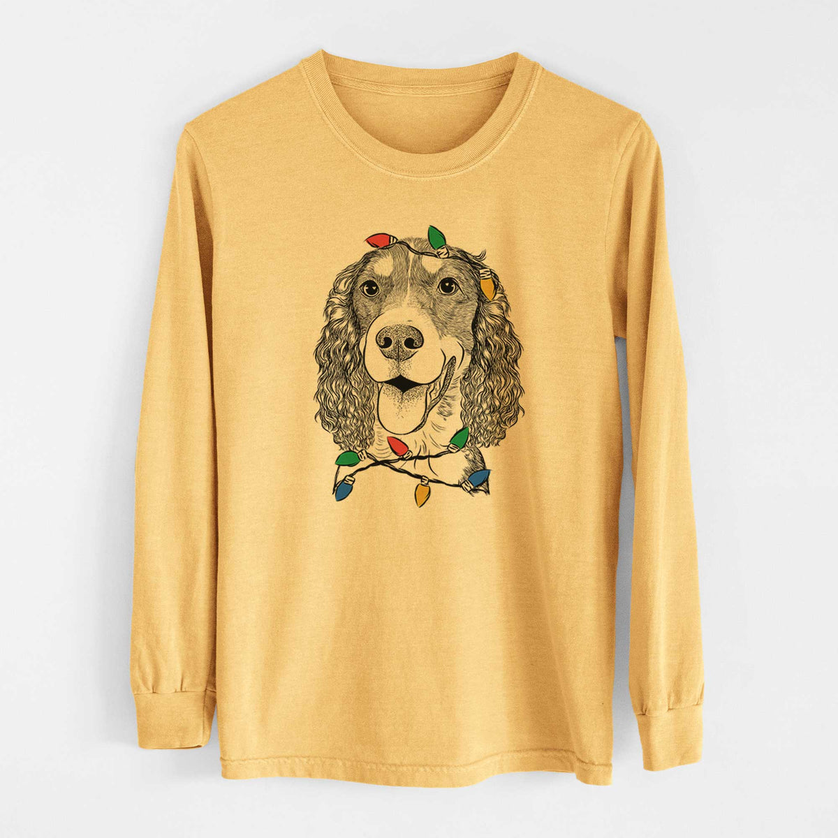 Christmas Lights Delilah the English Springer Spaniel - Heavyweight 100% Cotton Long Sleeve