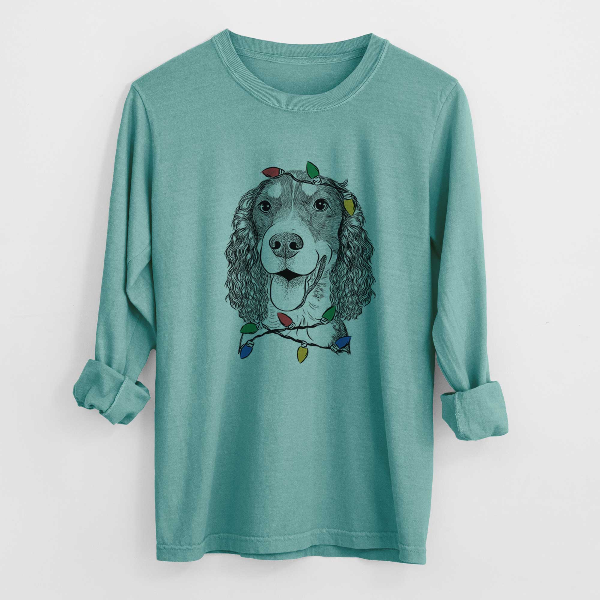 Christmas Lights Delilah the English Springer Spaniel - Heavyweight 100% Cotton Long Sleeve