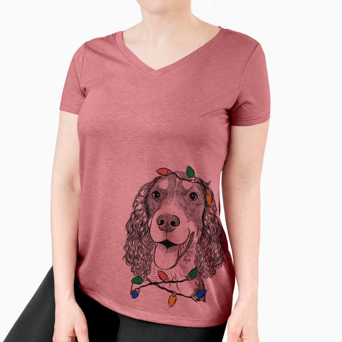 Christmas Lights Delilah the English Springer Spaniel - Women's V-neck Shirt