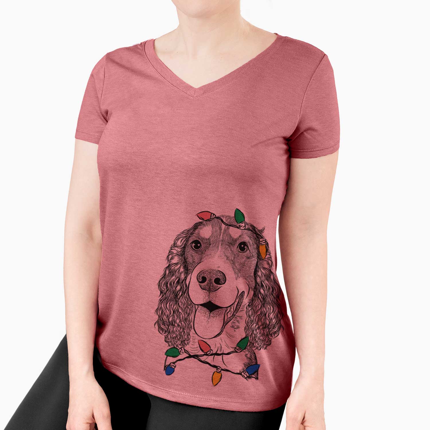 Christmas Lights Delilah the English Springer Spaniel - Women's V-neck Shirt