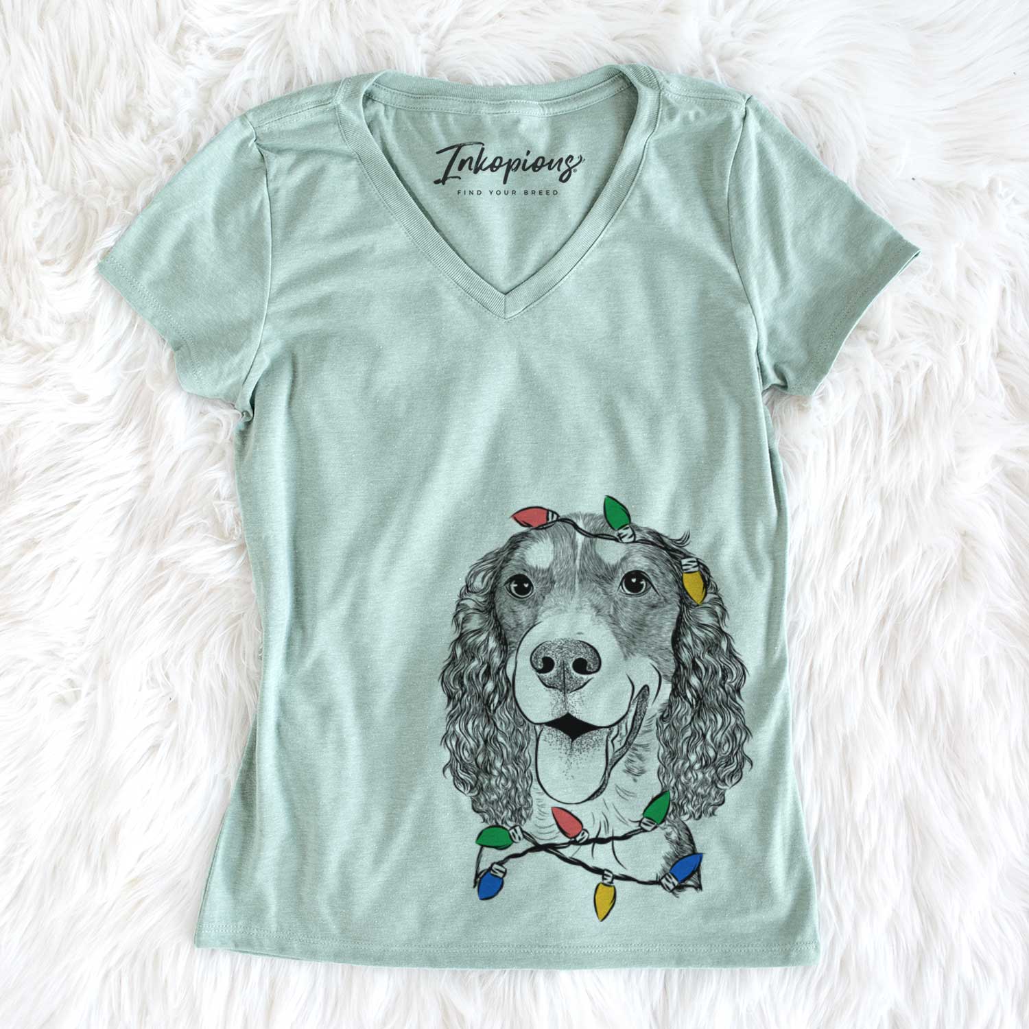 Christmas Lights Delilah the English Springer Spaniel - Women's V-neck Shirt