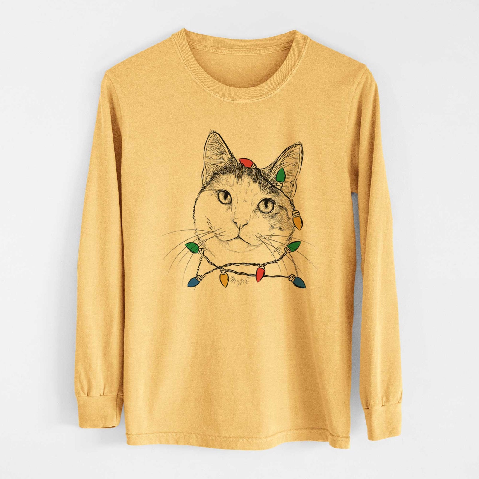 Christmas Lights Denver the Calico Cat - Heavyweight 100% Cotton Long Sleeve