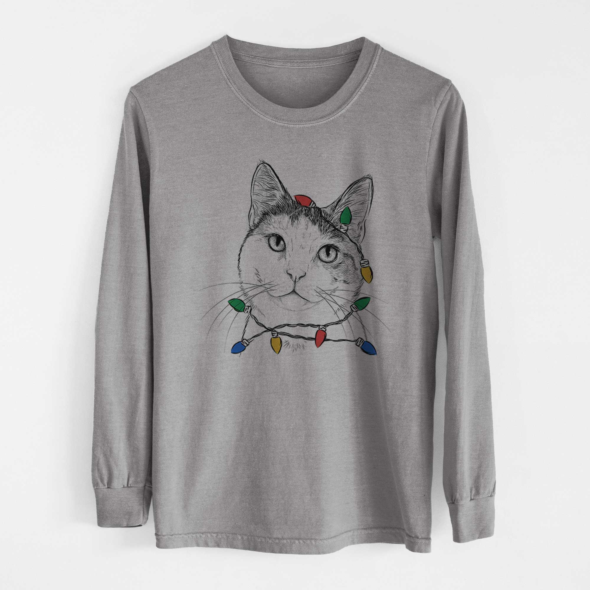 Christmas Lights Denver the Calico Cat - Heavyweight 100% Cotton Long Sleeve