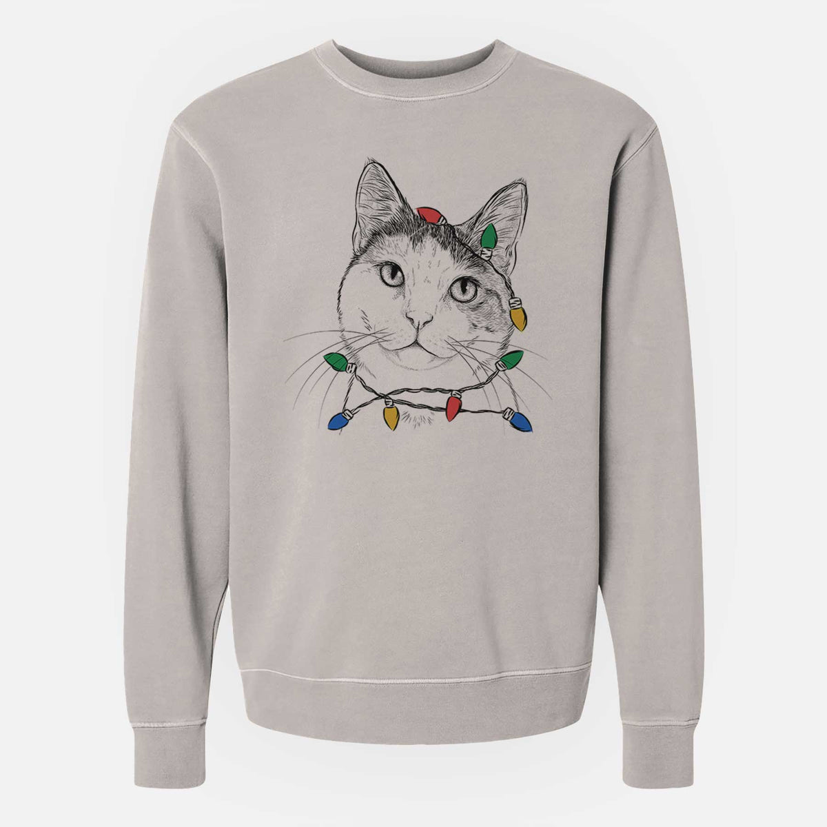Christmas Lights Denver the Calico Cat - Unisex Pigment Dyed Crew Sweatshirt