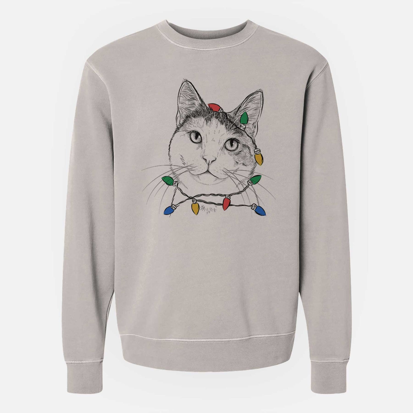 Christmas Lights Denver the Calico Cat - Unisex Pigment Dyed Crew Sweatshirt