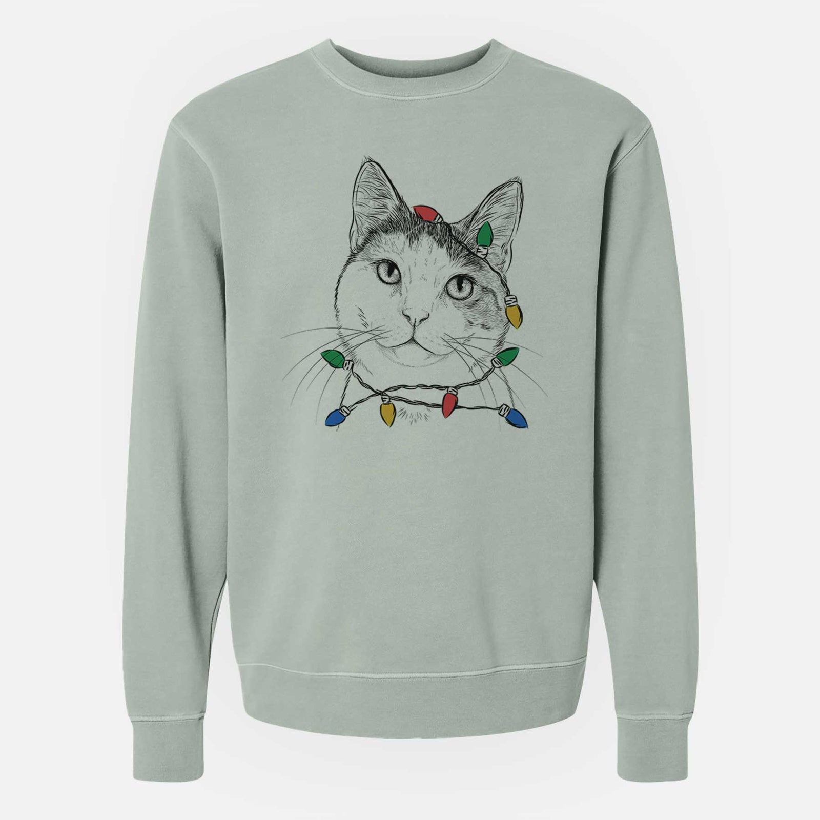Christmas Lights Denver the Calico Cat - Unisex Pigment Dyed Crew Sweatshirt