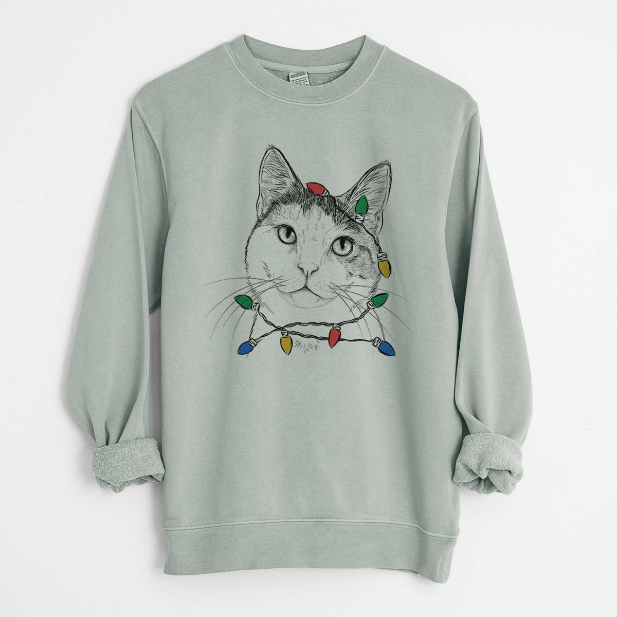 Christmas Lights Denver the Calico Cat - Unisex Pigment Dyed Crew Sweatshirt