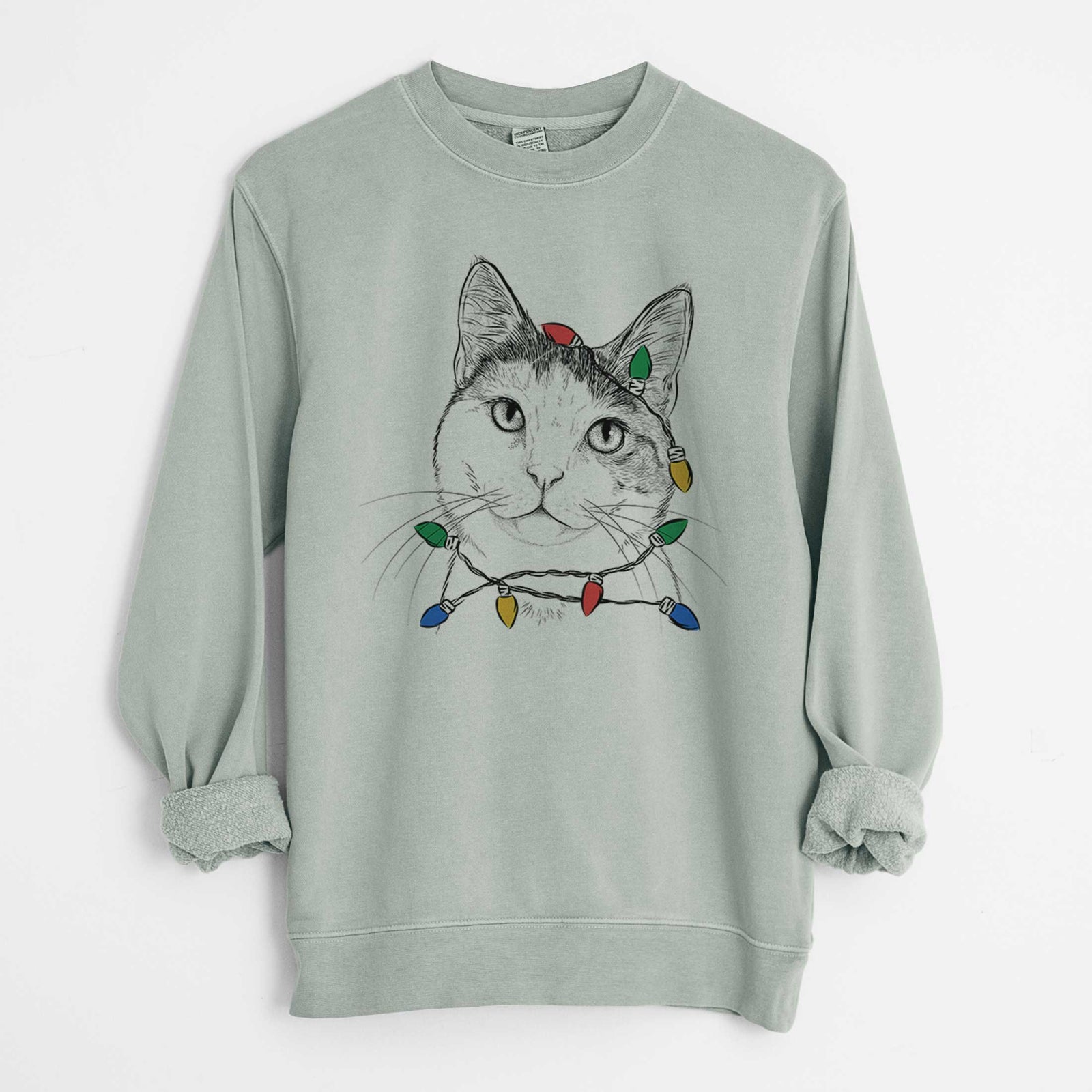 Christmas Lights Denver the Calico Cat - Unisex Pigment Dyed Crew Sweatshirt
