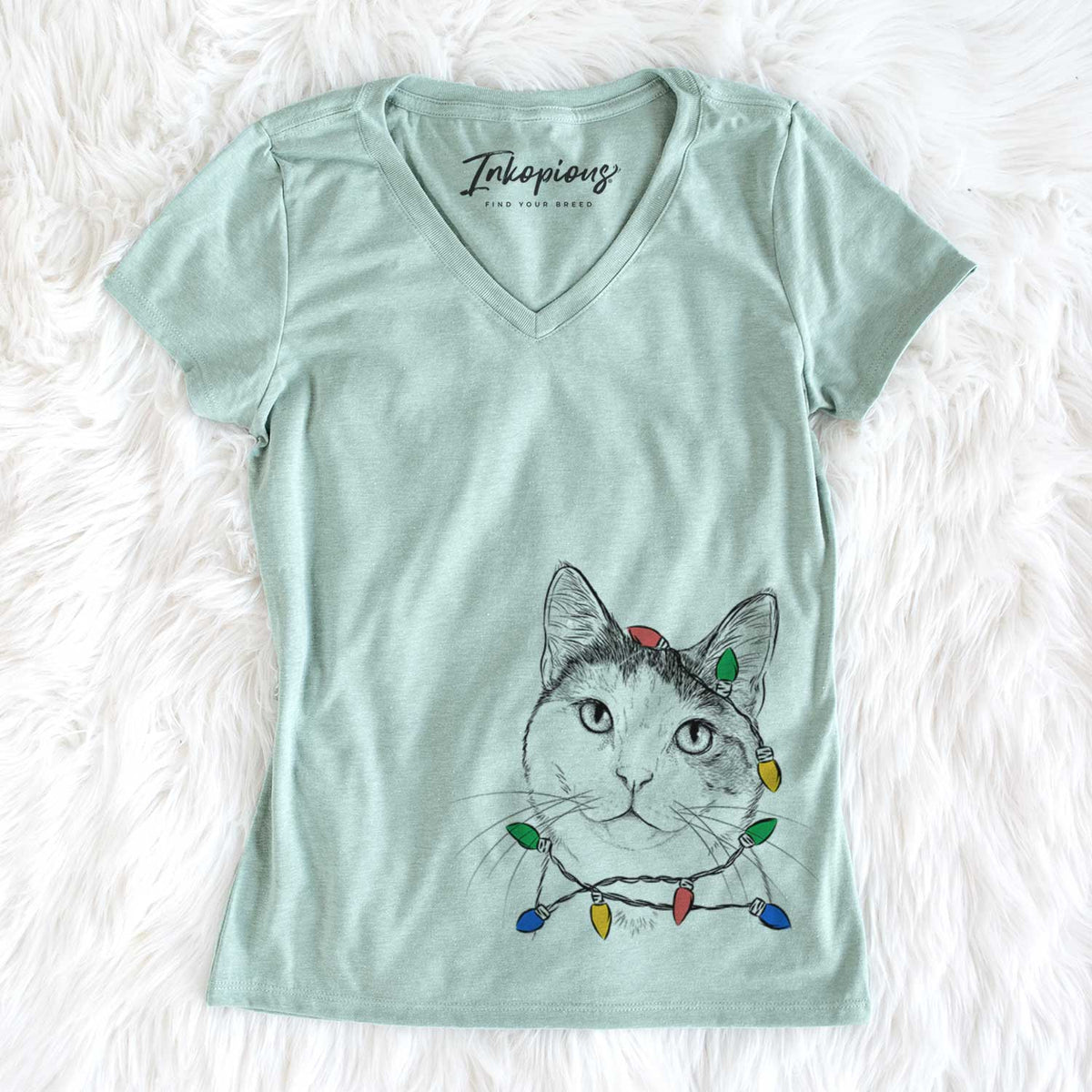 Christmas Lights Denver the Calico Cat - Women&#39;s V-neck Shirt