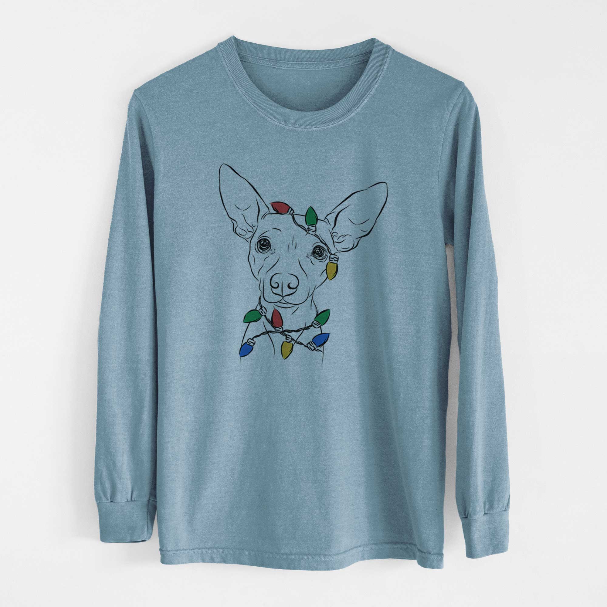 Christmas Lights Desi the American Hairless Terrier - Heavyweight 100% Cotton Long Sleeve