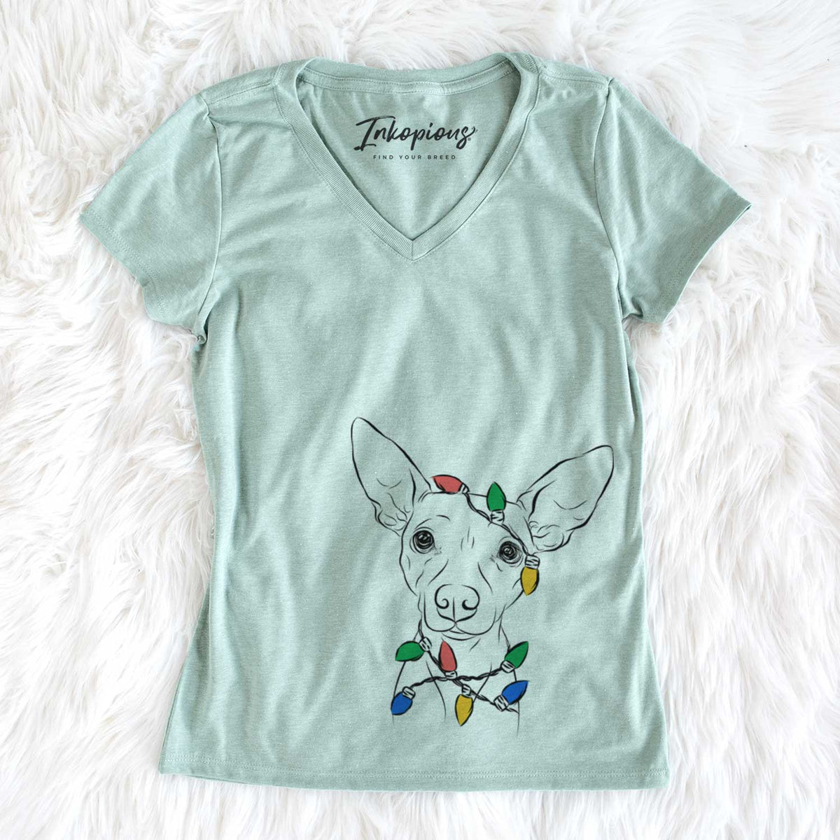 Christmas Lights Desi the American Hairless Terrier - Women&#39;s V-neck Shirt