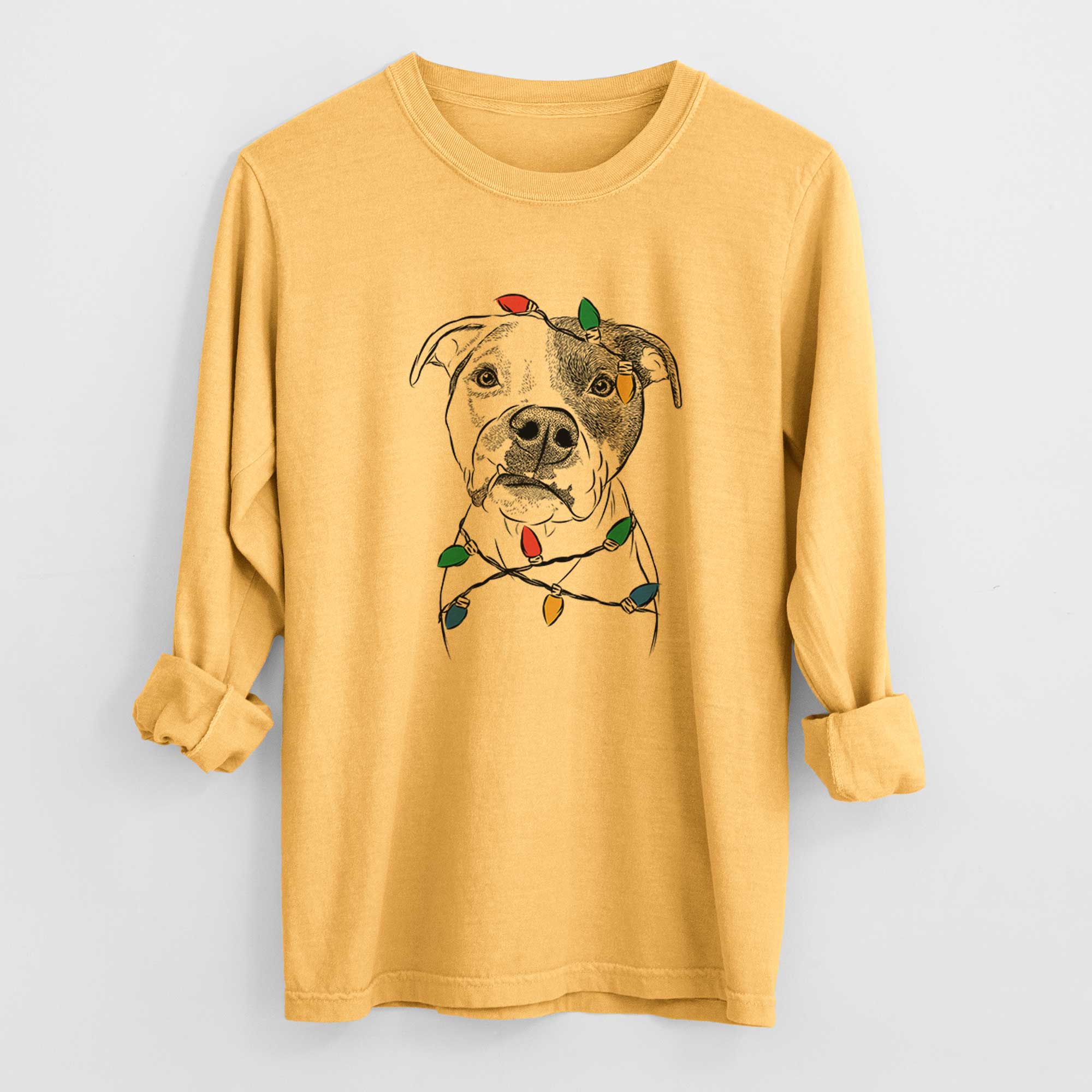 Christmas Lights Dexter the Pitbull - Heavyweight 100% Cotton Long Sleeve