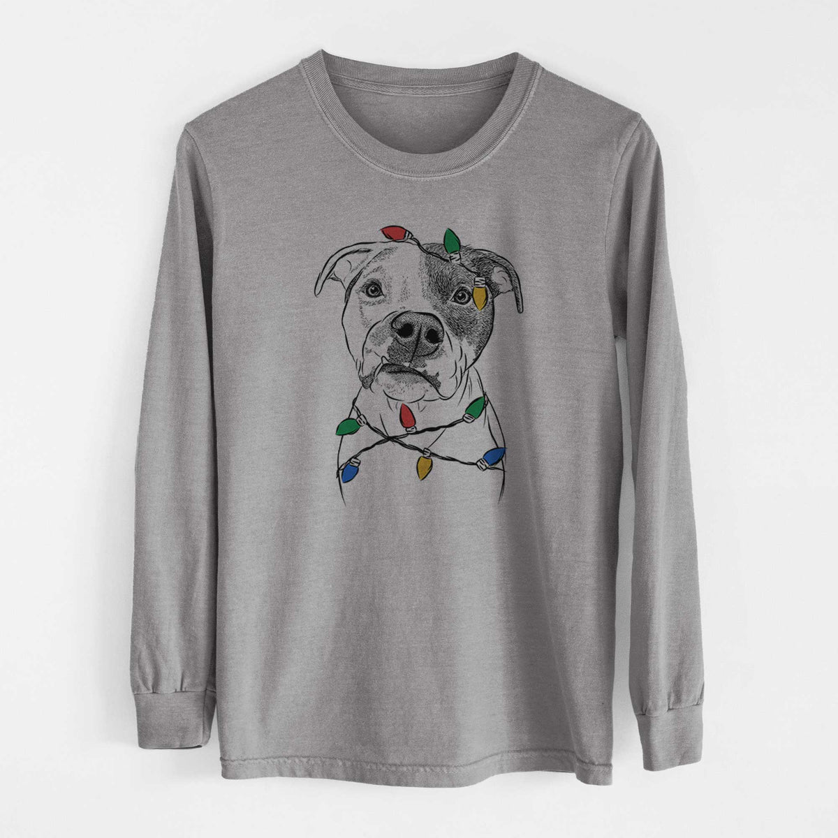 Christmas Lights Dexter the Pitbull - Heavyweight 100% Cotton Long Sleeve