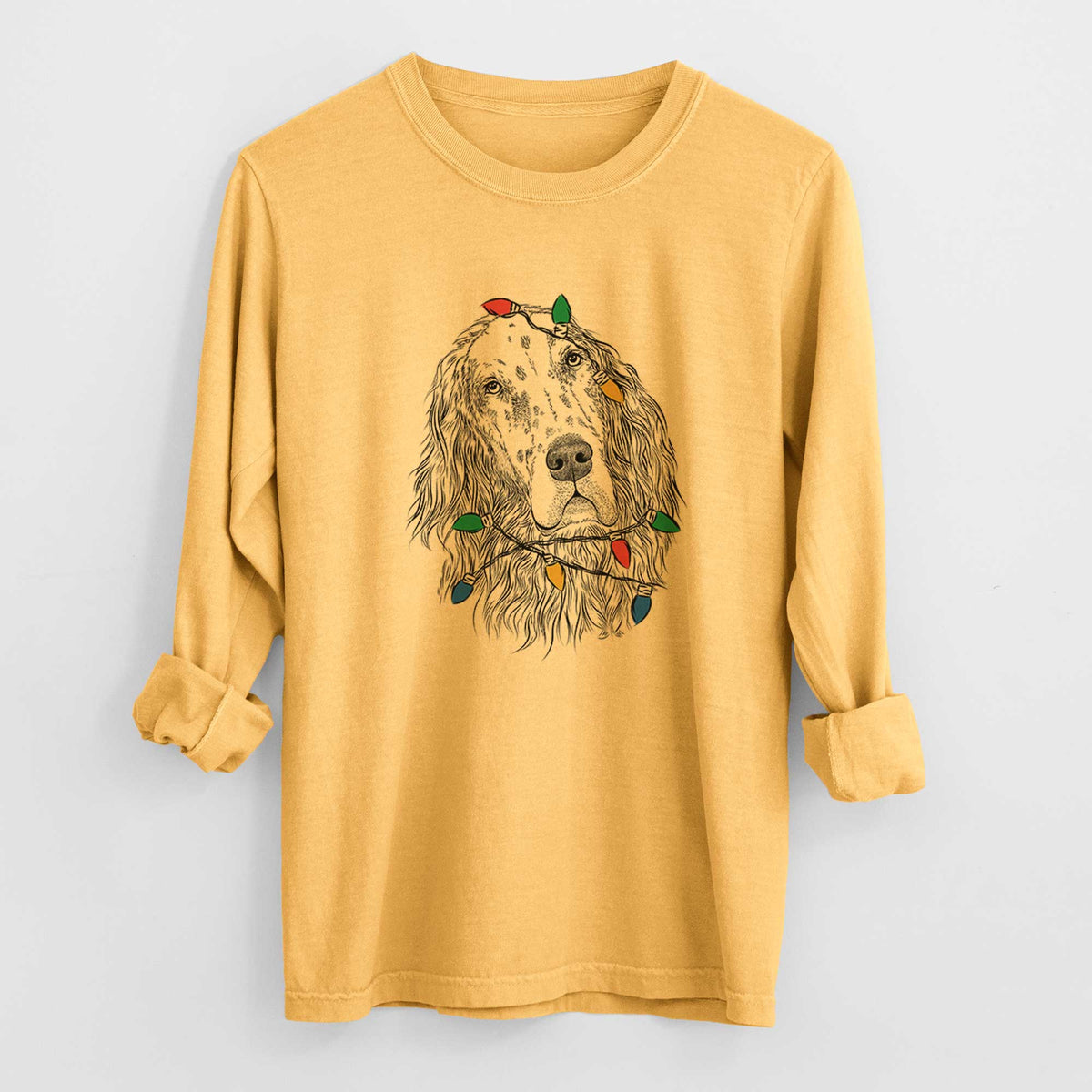 Christmas Lights Dexter the English Setter - Heavyweight 100% Cotton Long Sleeve