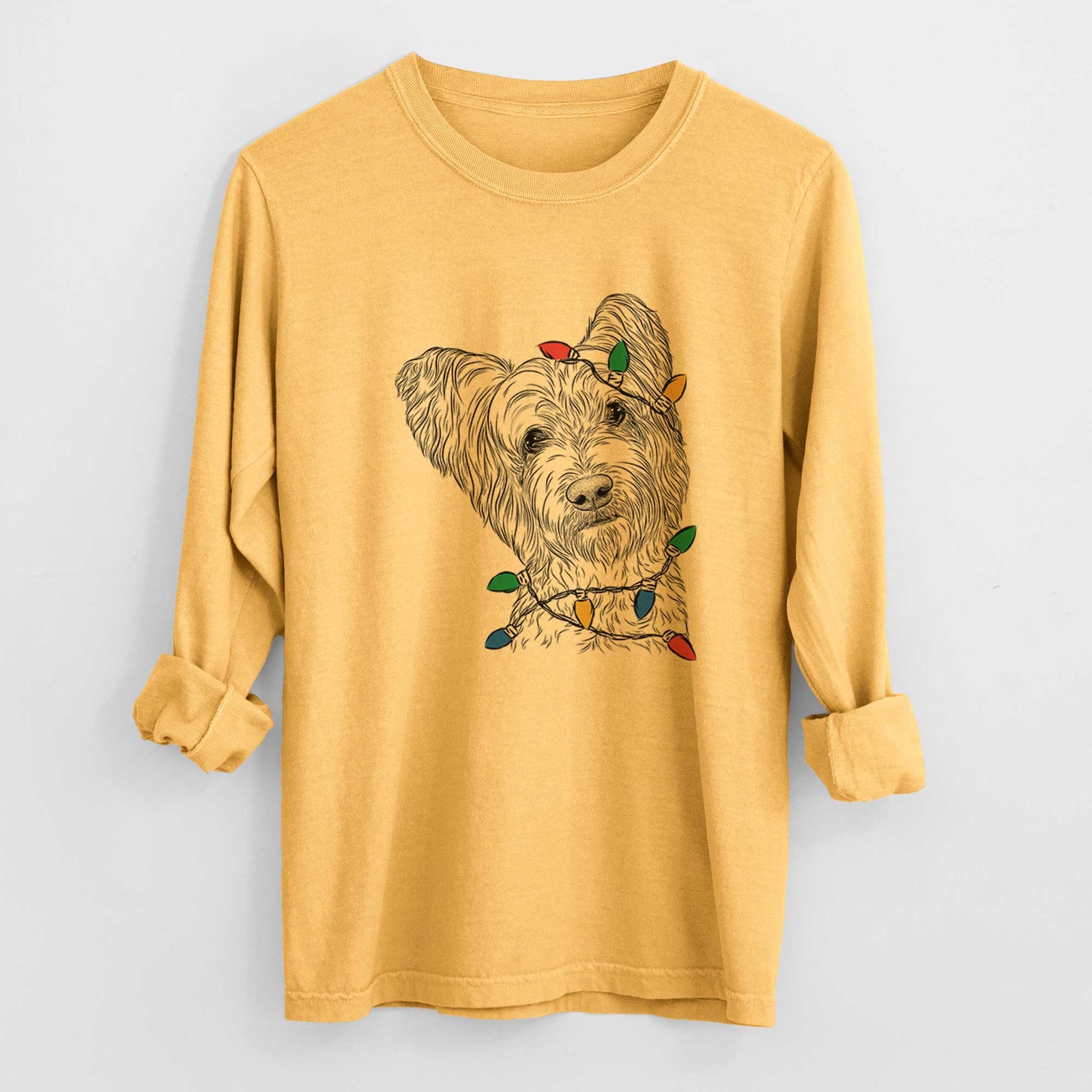 Christmas Lights Dexter the Terrier Mix - Heavyweight 100% Cotton Long Sleeve