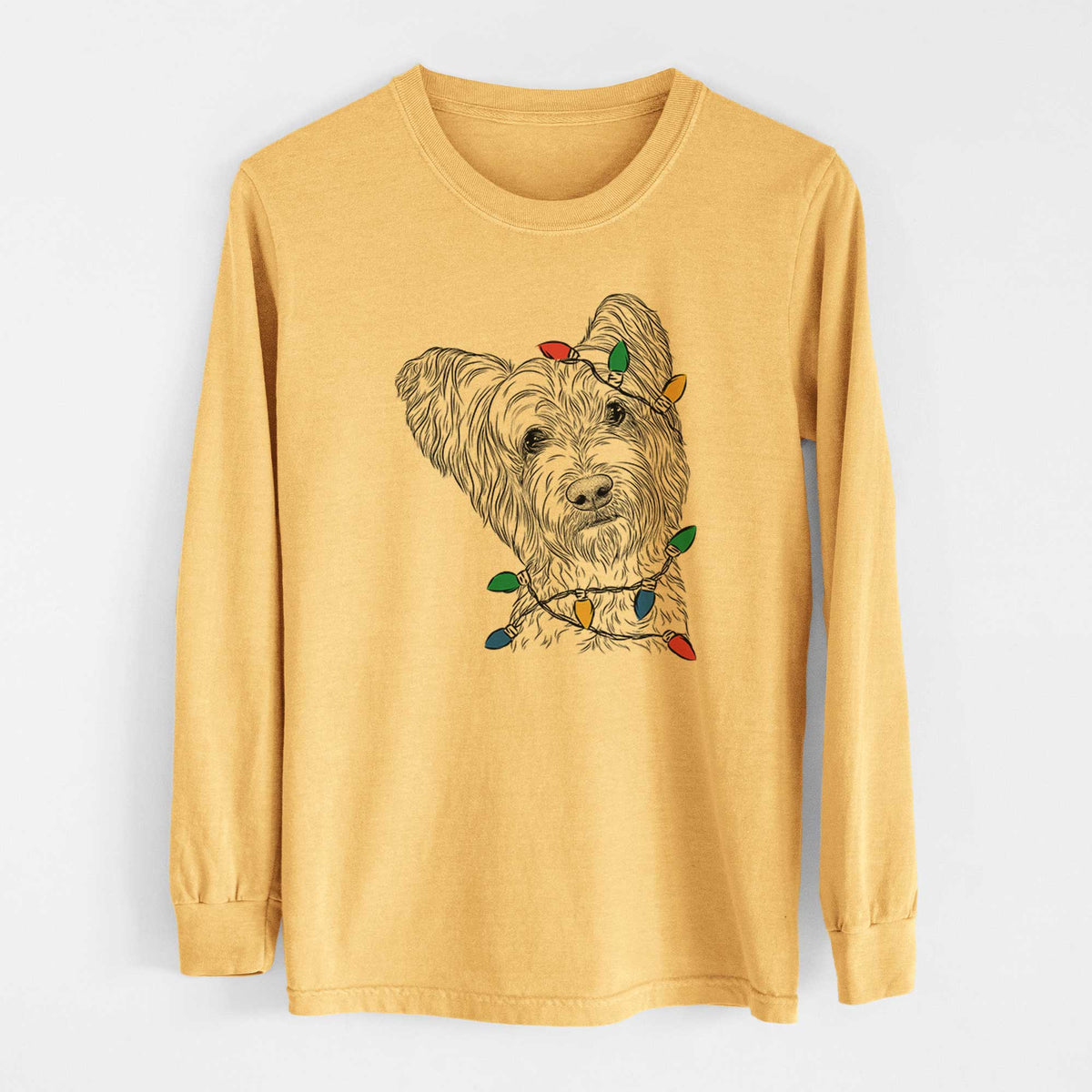 Christmas Lights Dexter the Terrier Mix - Heavyweight 100% Cotton Long Sleeve