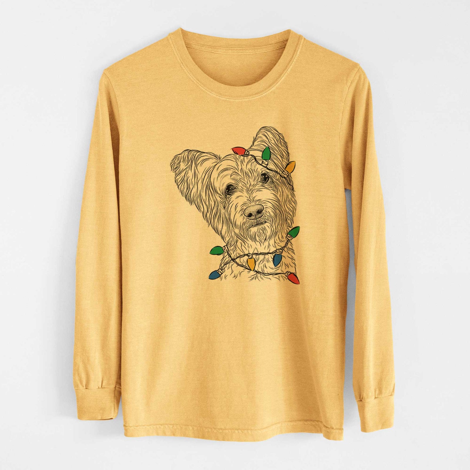 Christmas Lights Dexter the Terrier Mix - Heavyweight 100% Cotton Long Sleeve