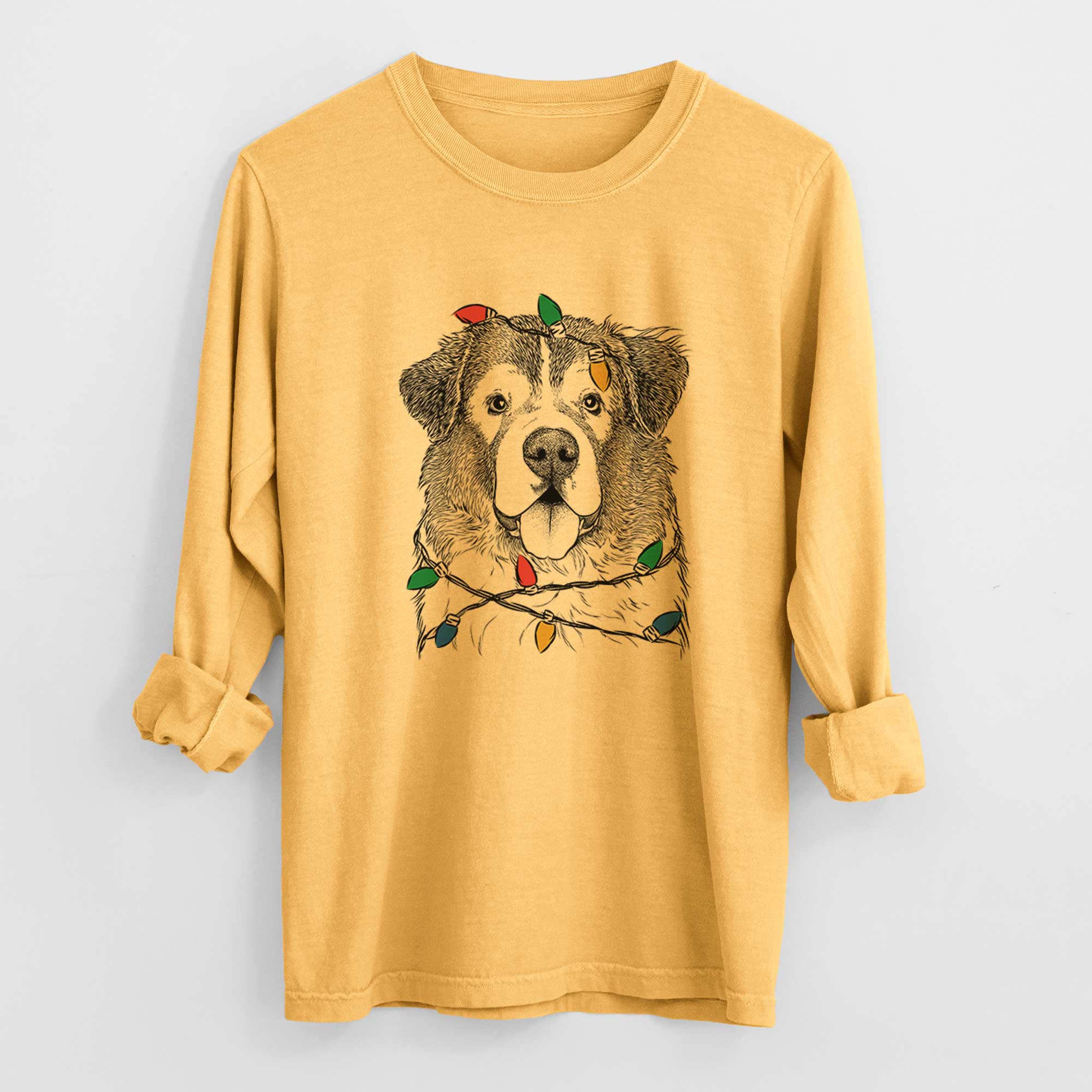 Christmas Lights Dilly the Saint Bernard - Heavyweight 100% Cotton Long Sleeve