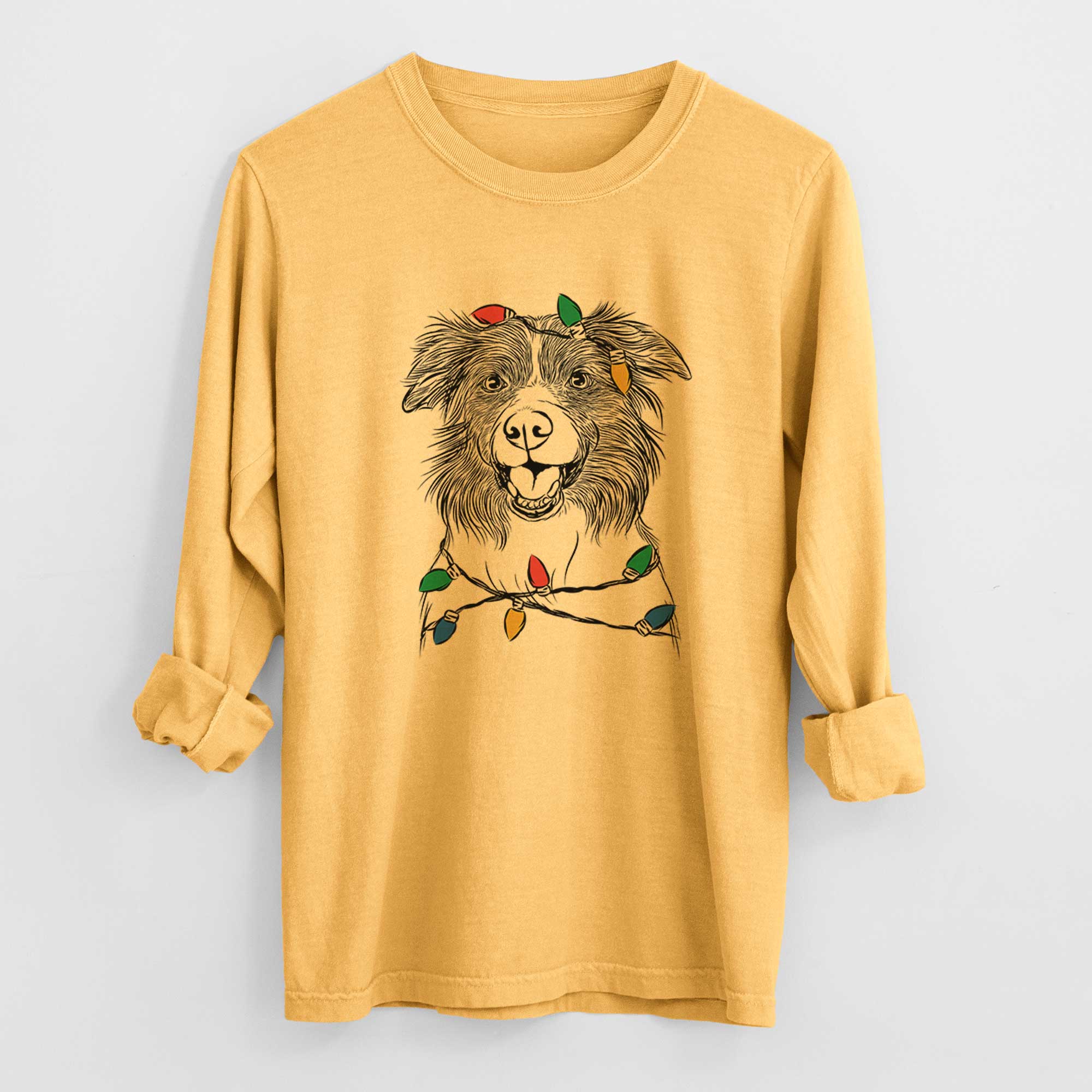 Christmas Lights Dizzy the Border Collie - Heavyweight 100% Cotton Long Sleeve