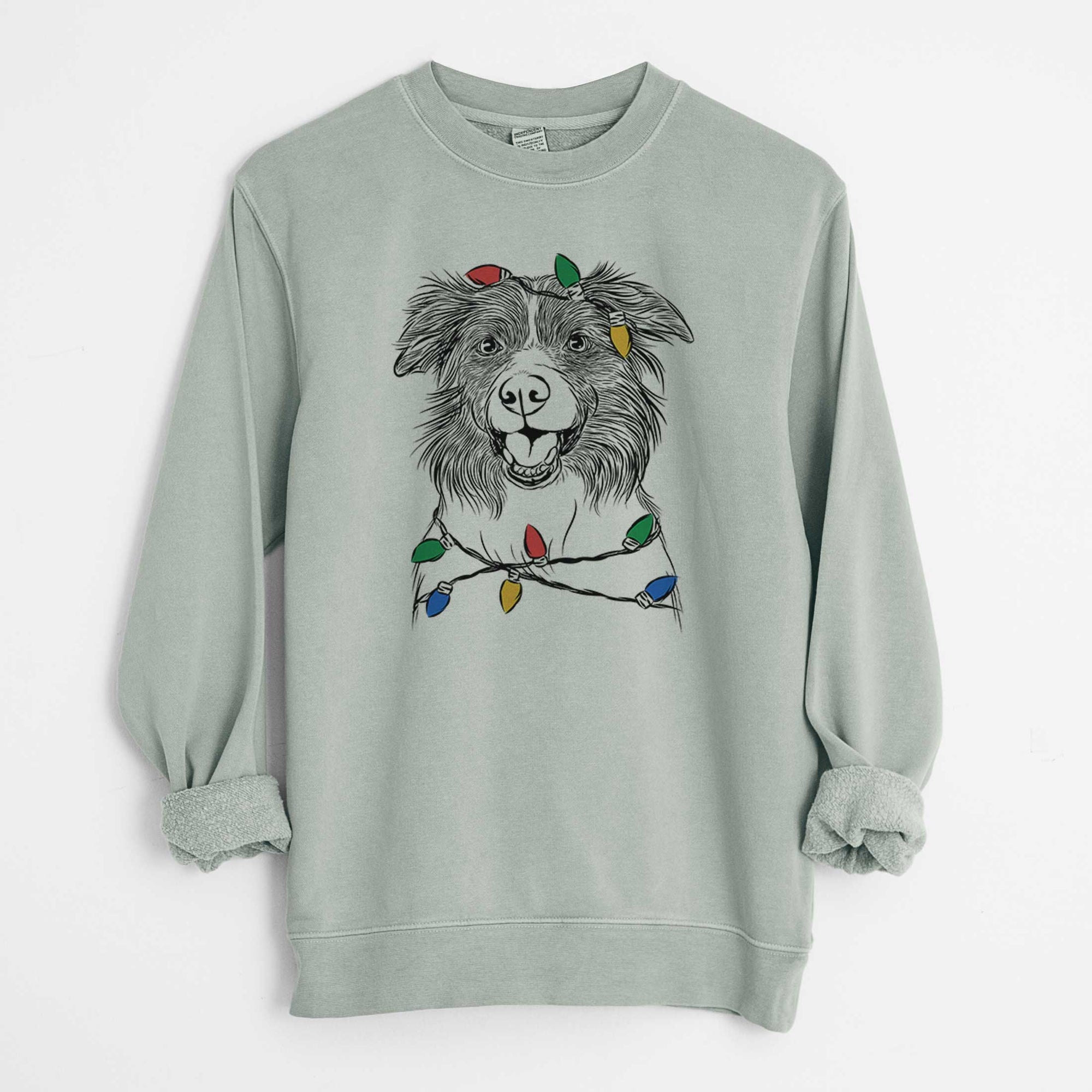 Christmas Lights Dizzy the Border Collie - Unisex Pigment Dyed Crew Sweatshirt