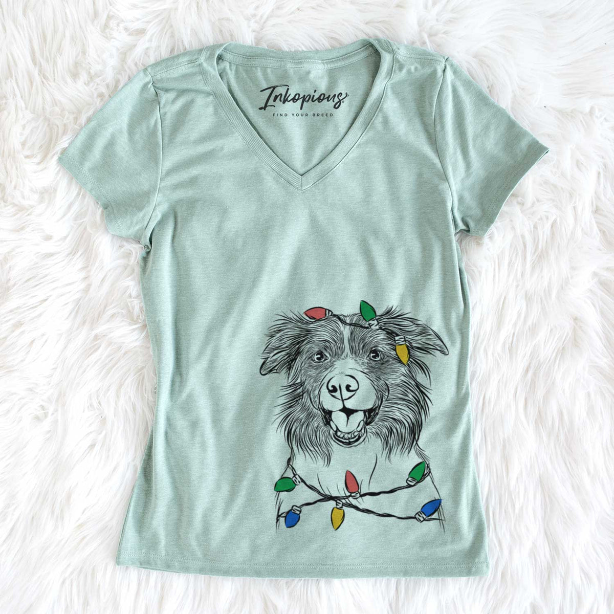 Christmas Lights Dizzy the Border Collie - Women&#39;s V-neck Shirt