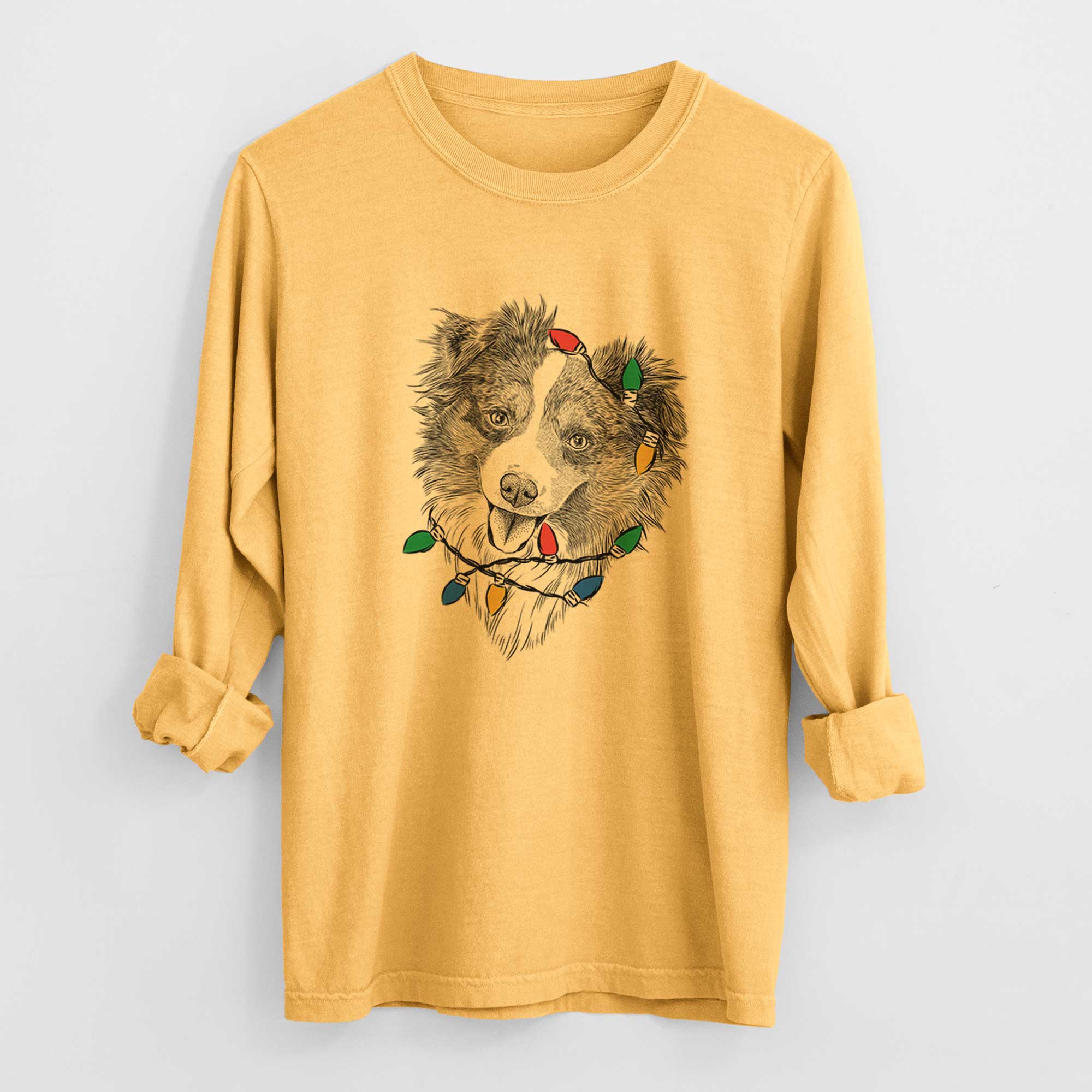 Christmas Lights Doc the Mini Aussie - Heavyweight 100% Cotton Long Sleeve