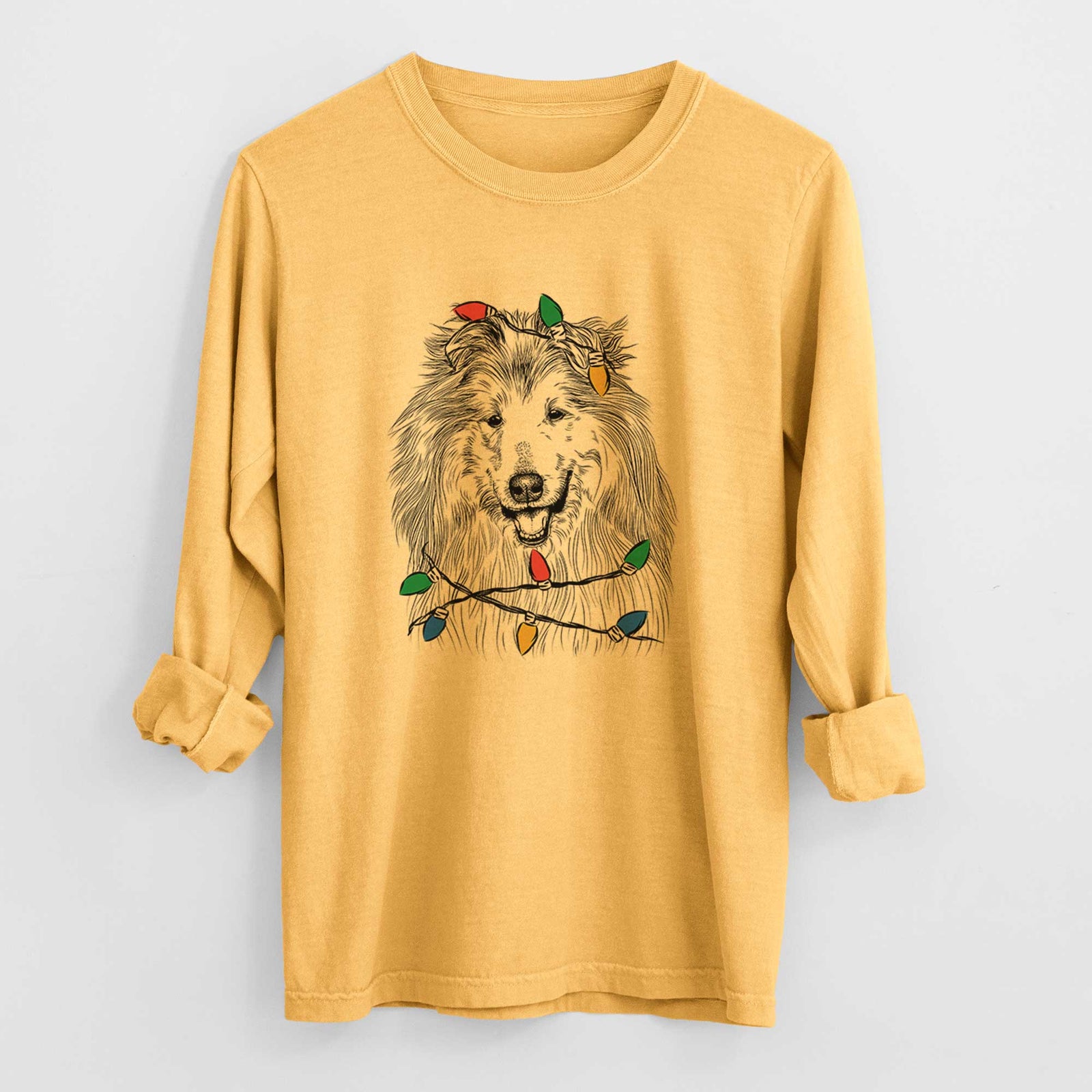 Christmas Lights Donnan the Rough Collie - Heavyweight 100% Cotton Long Sleeve