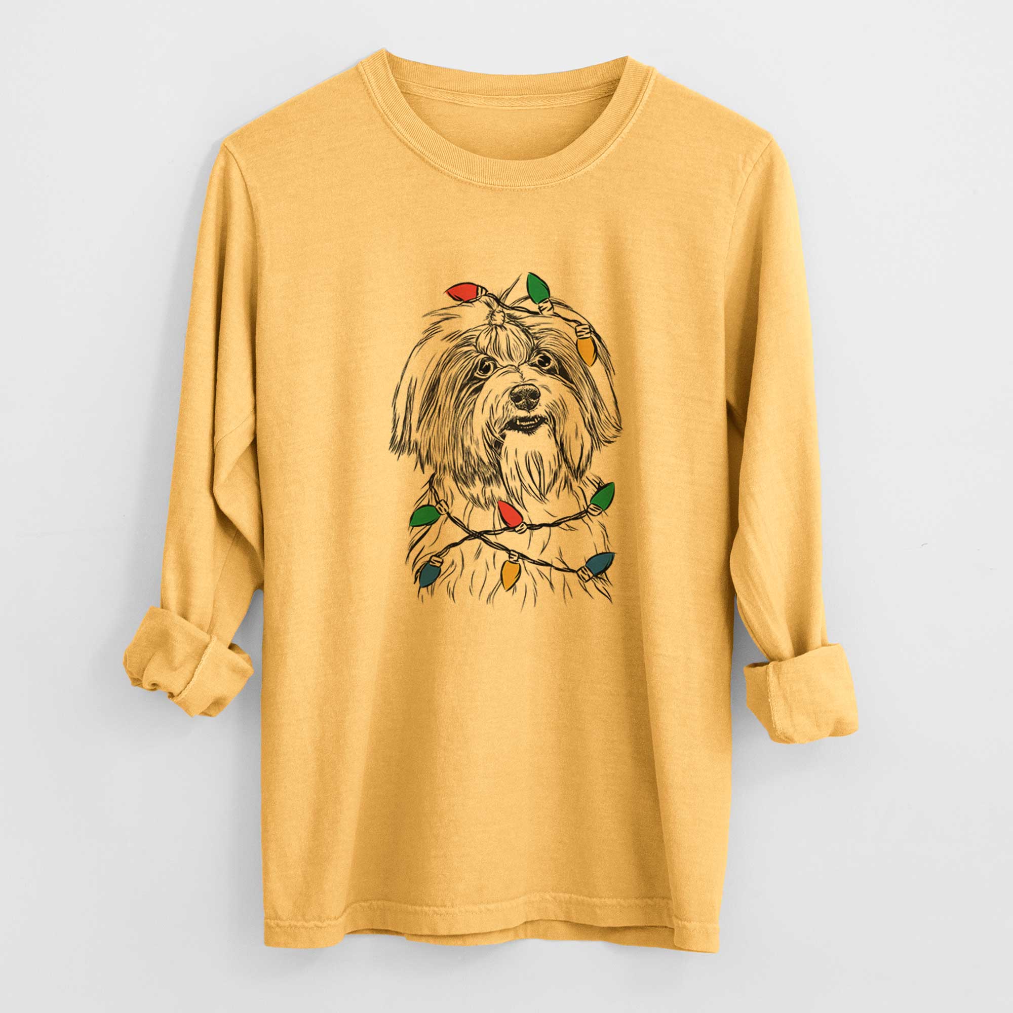 Christmas Lights Dooley the Havanese - Heavyweight 100% Cotton Long Sleeve