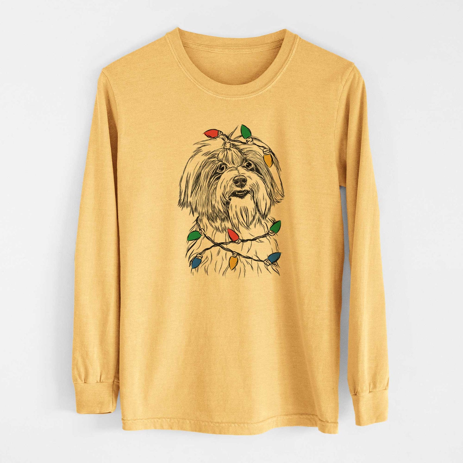 Christmas Lights Dooley the Havanese - Heavyweight 100% Cotton Long Sleeve