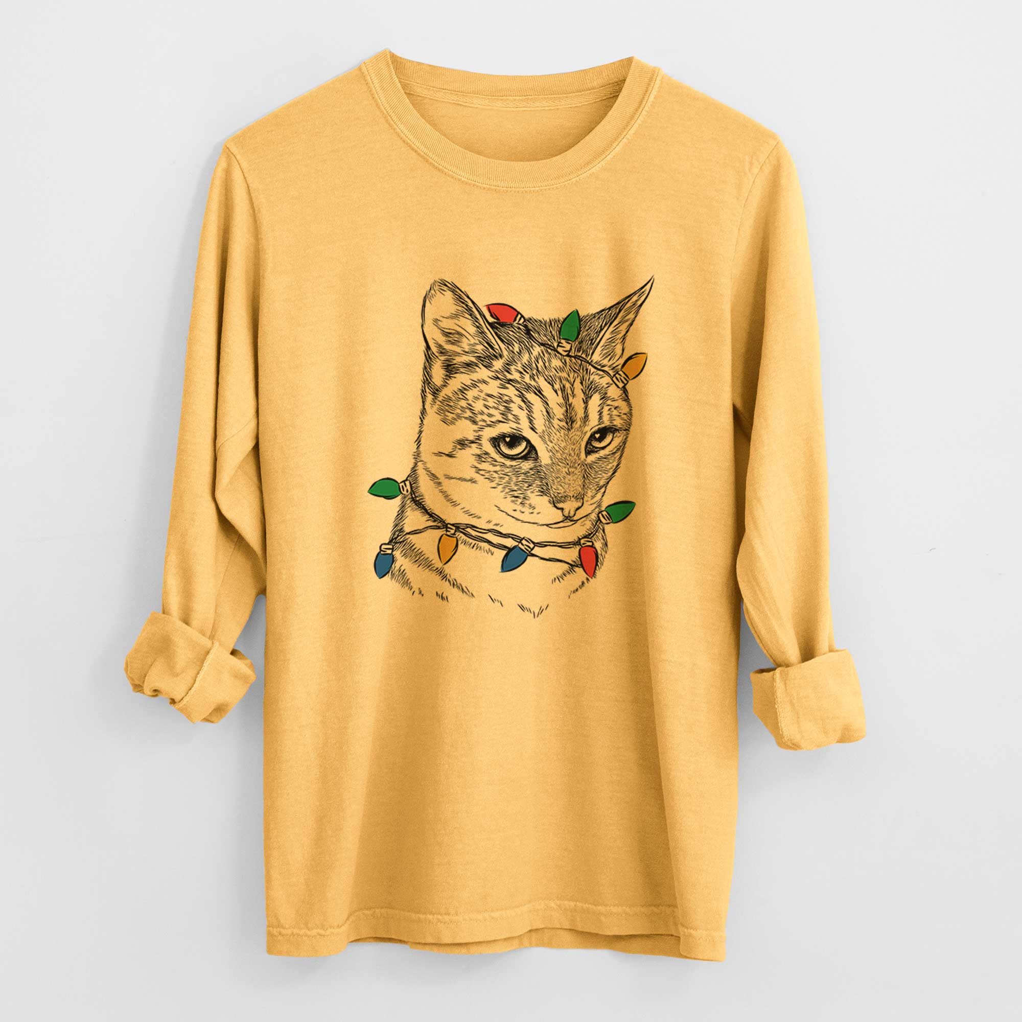 Christmas Lights Dora the Tabby Cat - Heavyweight 100% Cotton Long Sleeve